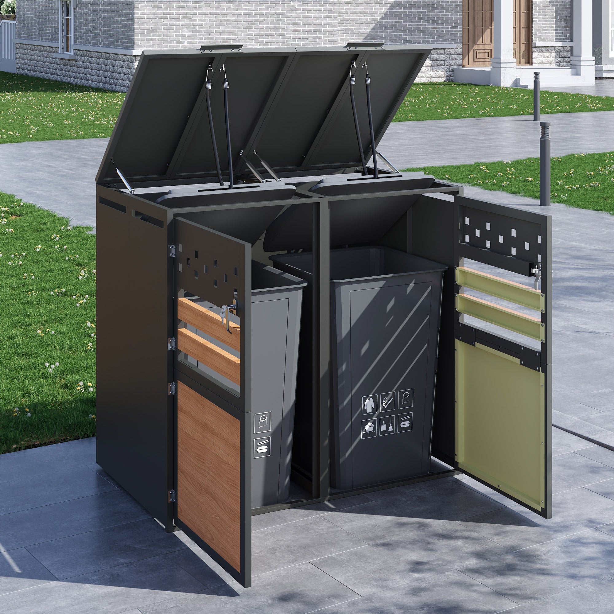 Bin Storage Box with Hinged Lid, Lockable Two Doors and Diamond Cutouts, Wood Grain Panels