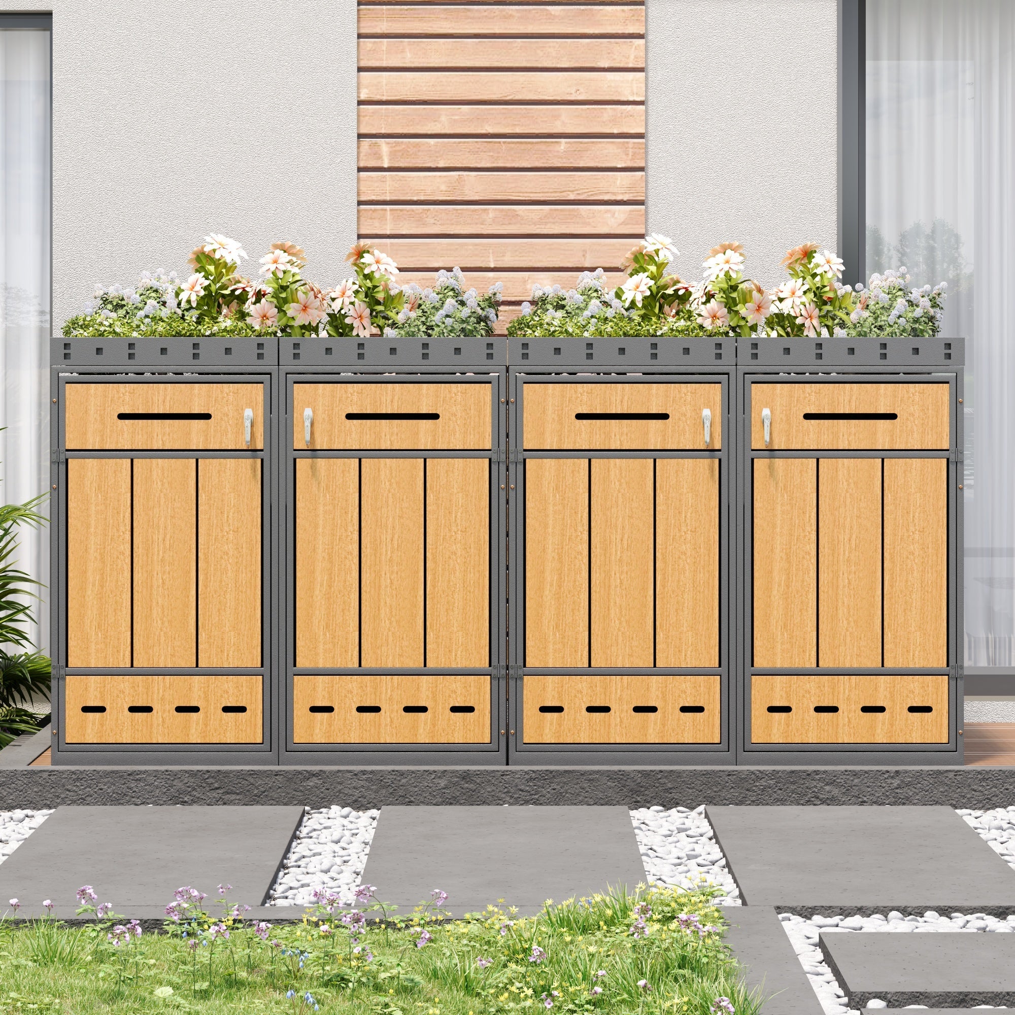 Bin Storage Unit with Green Roof for Four 120-240L Bins, Anthracite Wood-Look