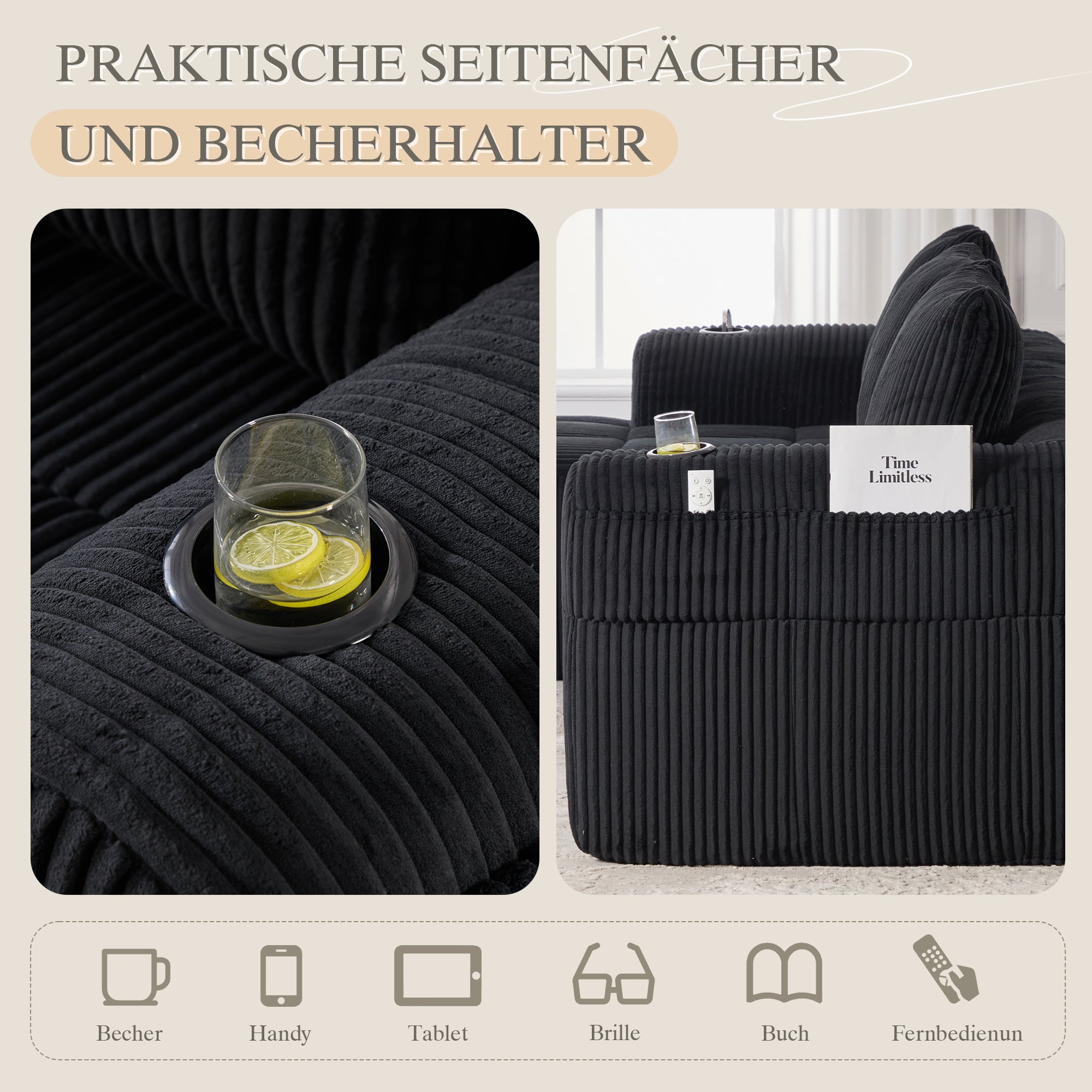 Compact Modular Sofa Side Pocket Cup Holder 3 Cushions - Corduroy Black