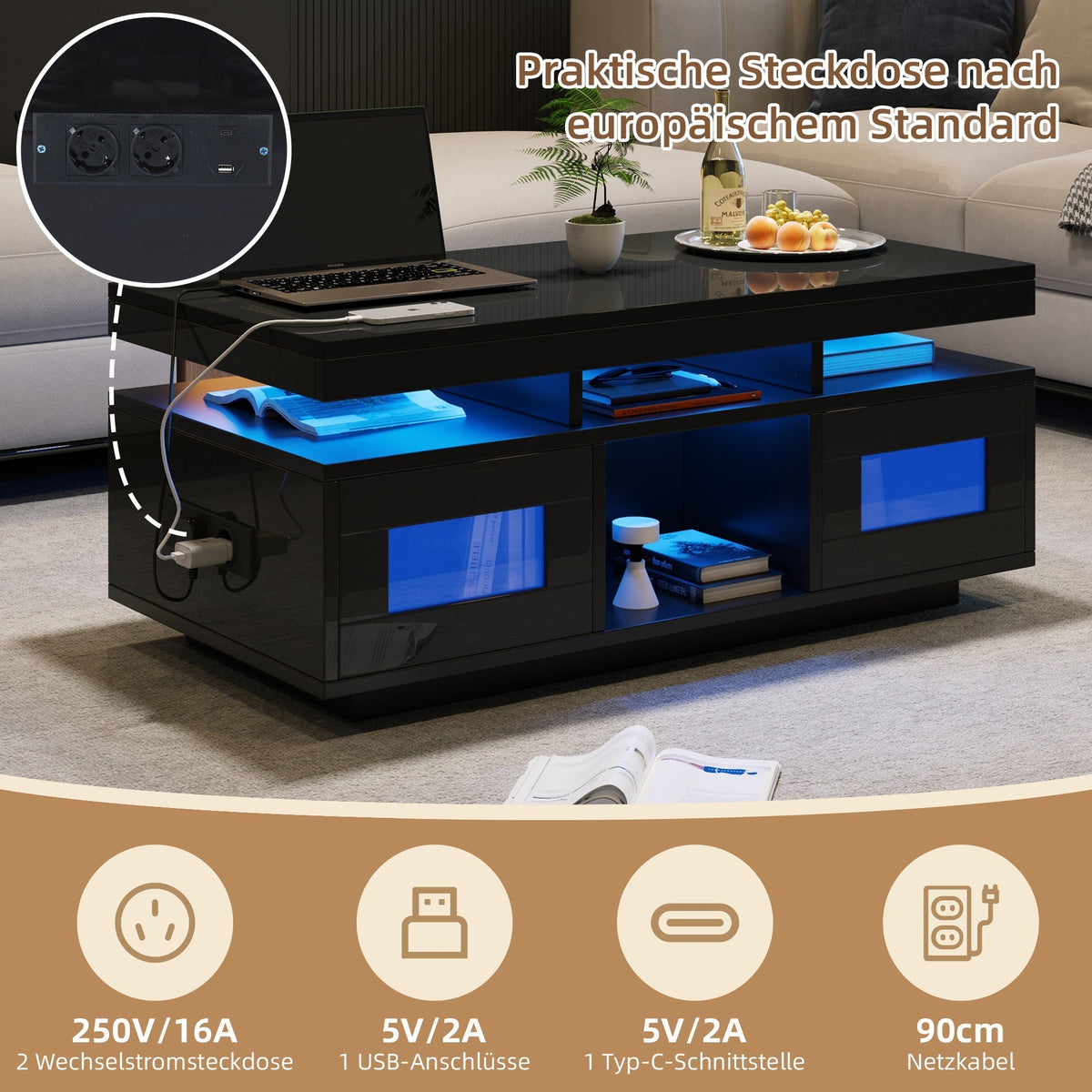 Coffee Table 100x50x43cm High-Gloss LED Lights Charging Port Black