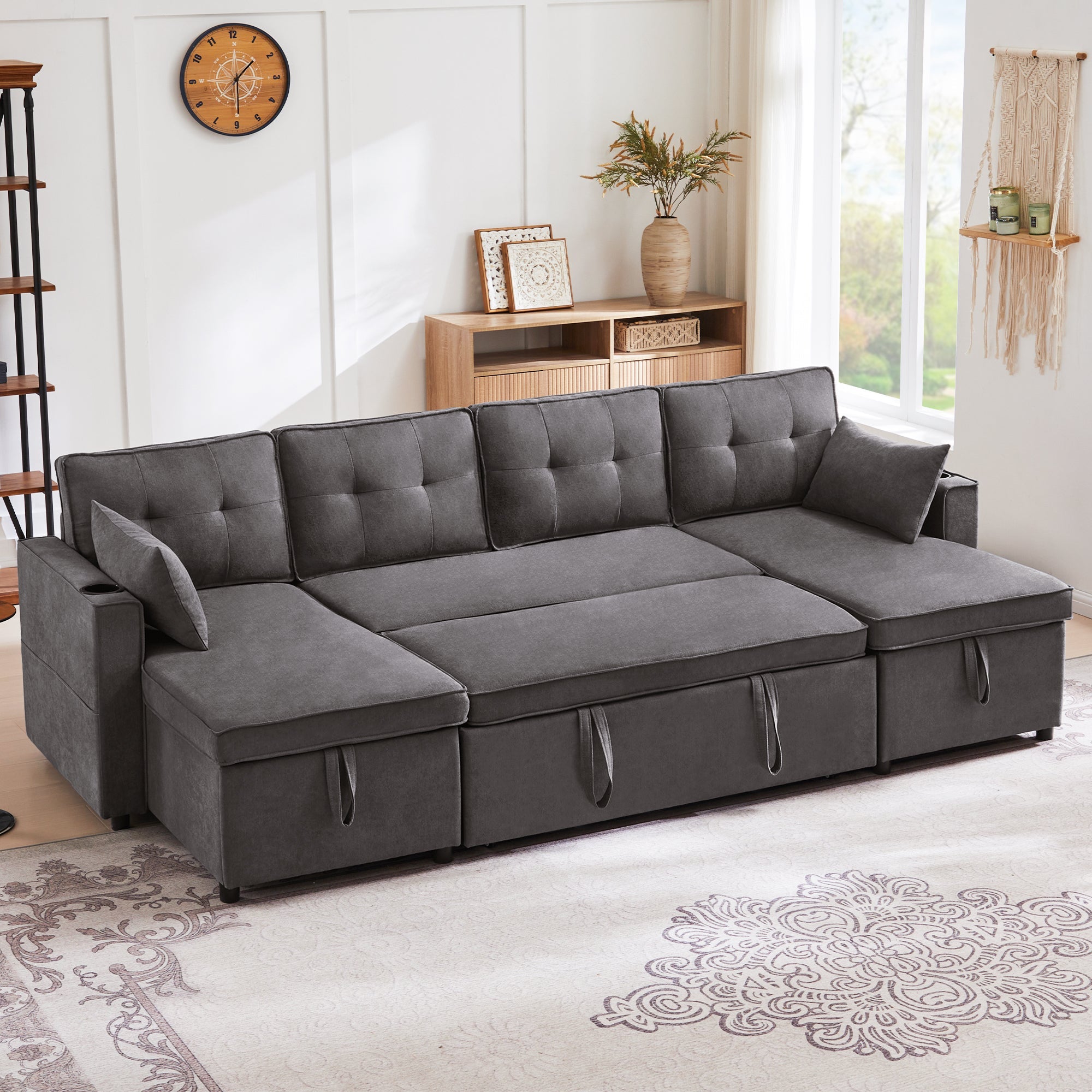 Sleeper Sofa U-Shaped with Storage & Cup Holders, Cotton and Linen Fabric
