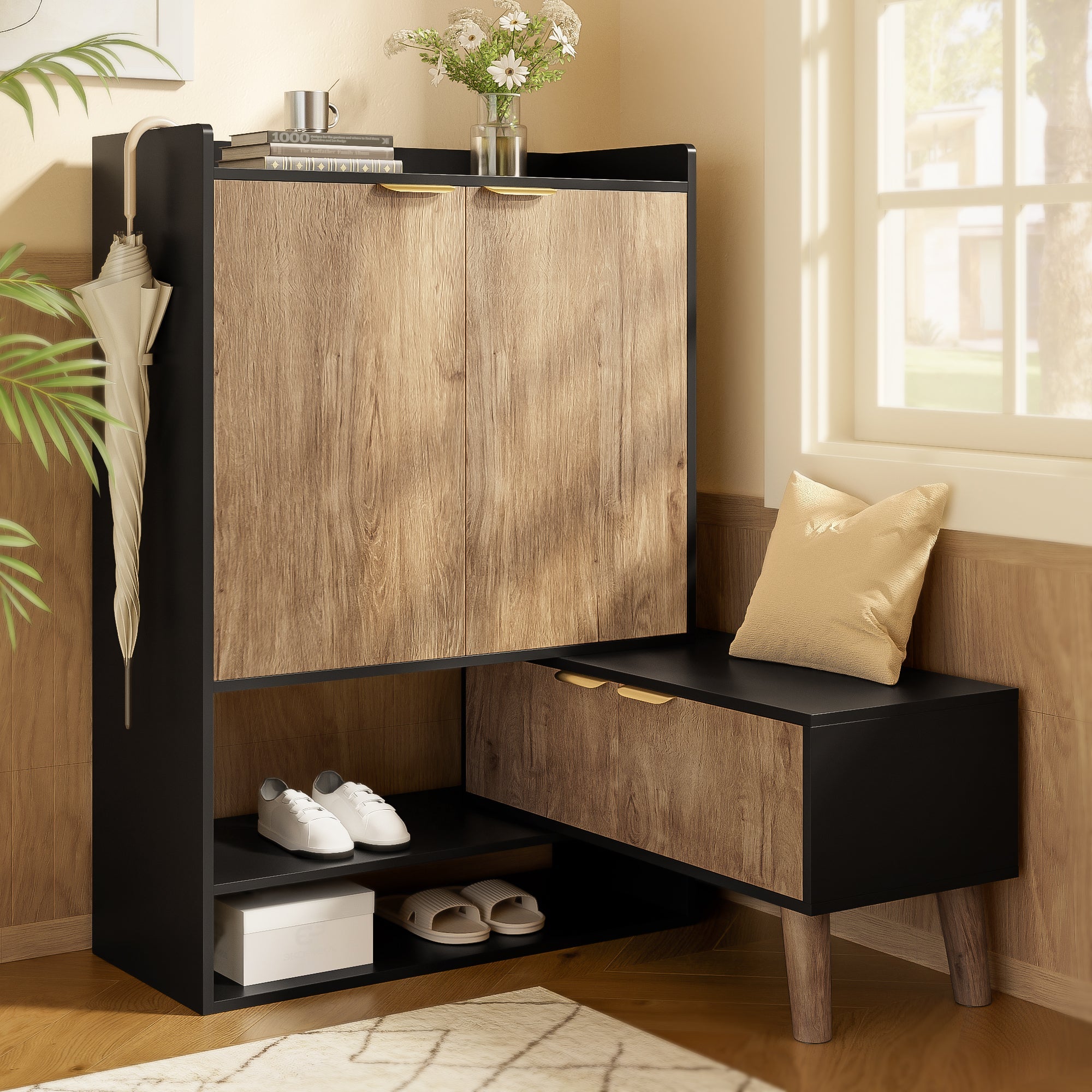 Multifunctional Shoe Cabinet, Extendable Swivel Seat, Large Storage, Open/Closed Shelving, Black + Wood Finish