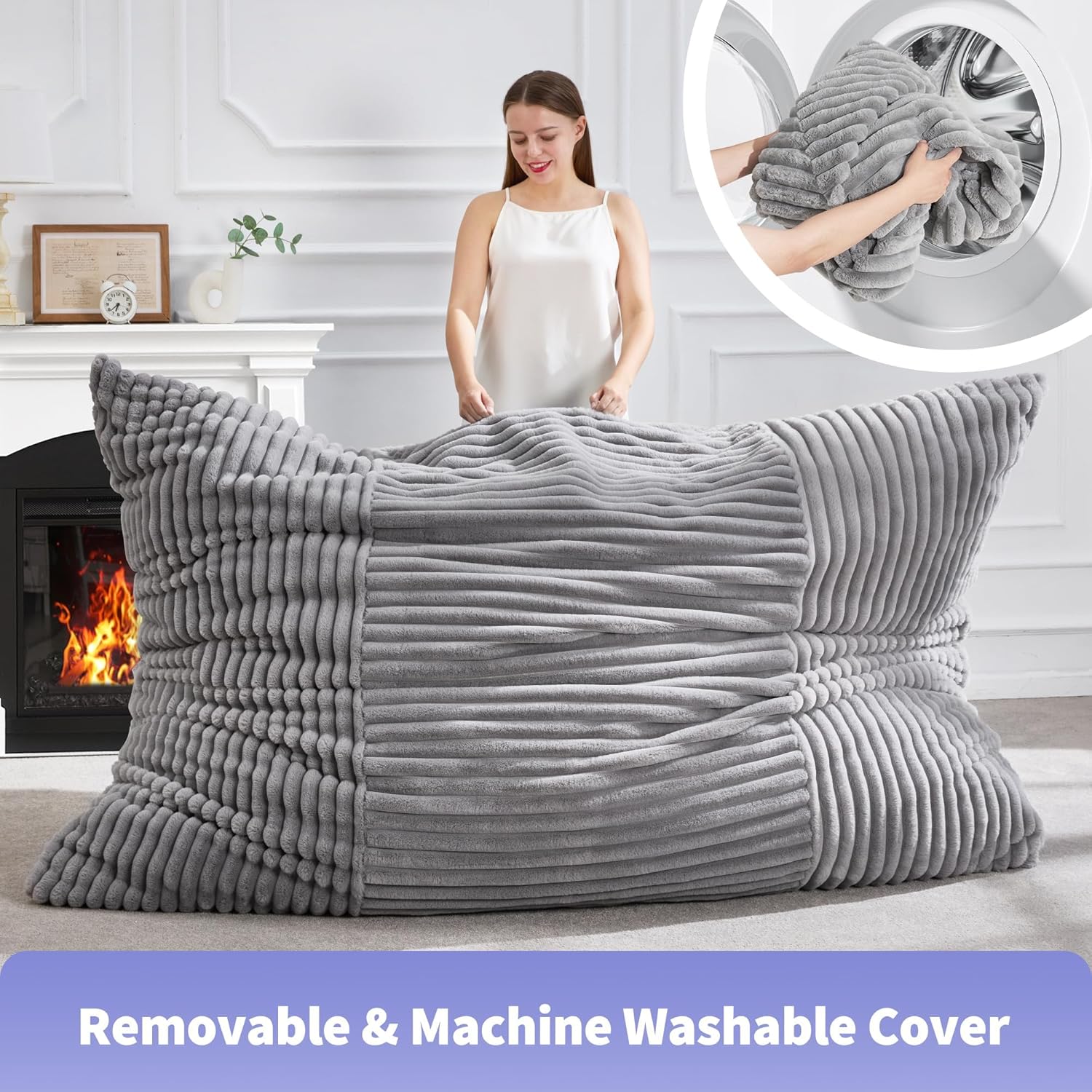 3-in-1 Convertible Bean Bag Chair Lounger with Memory Foam & Washable Cover, Light Gray Corduroy
