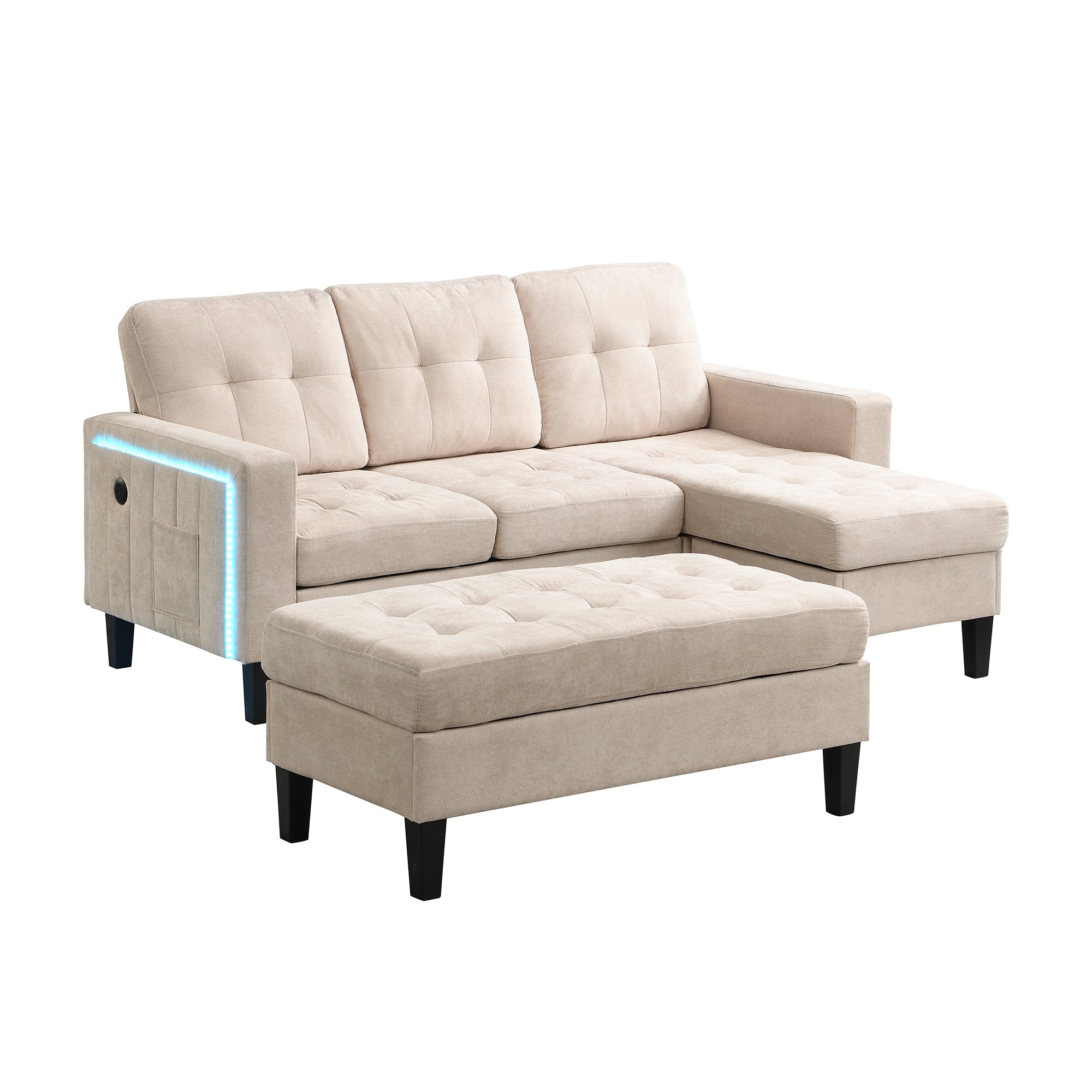 Multifunctional L-shaped Sofa Set with LED Lighting and Footstool, Modular Design