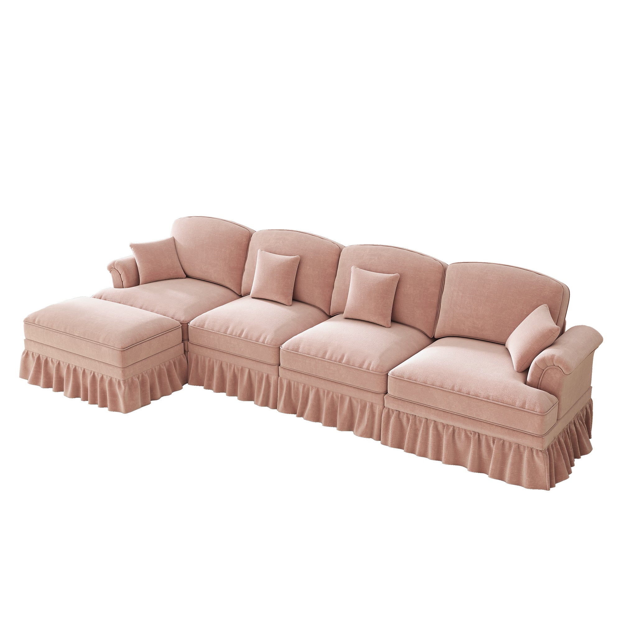 Classic Modular L-Shaped 4-Seater Sofa with Movable Ottoman Chenille Pink