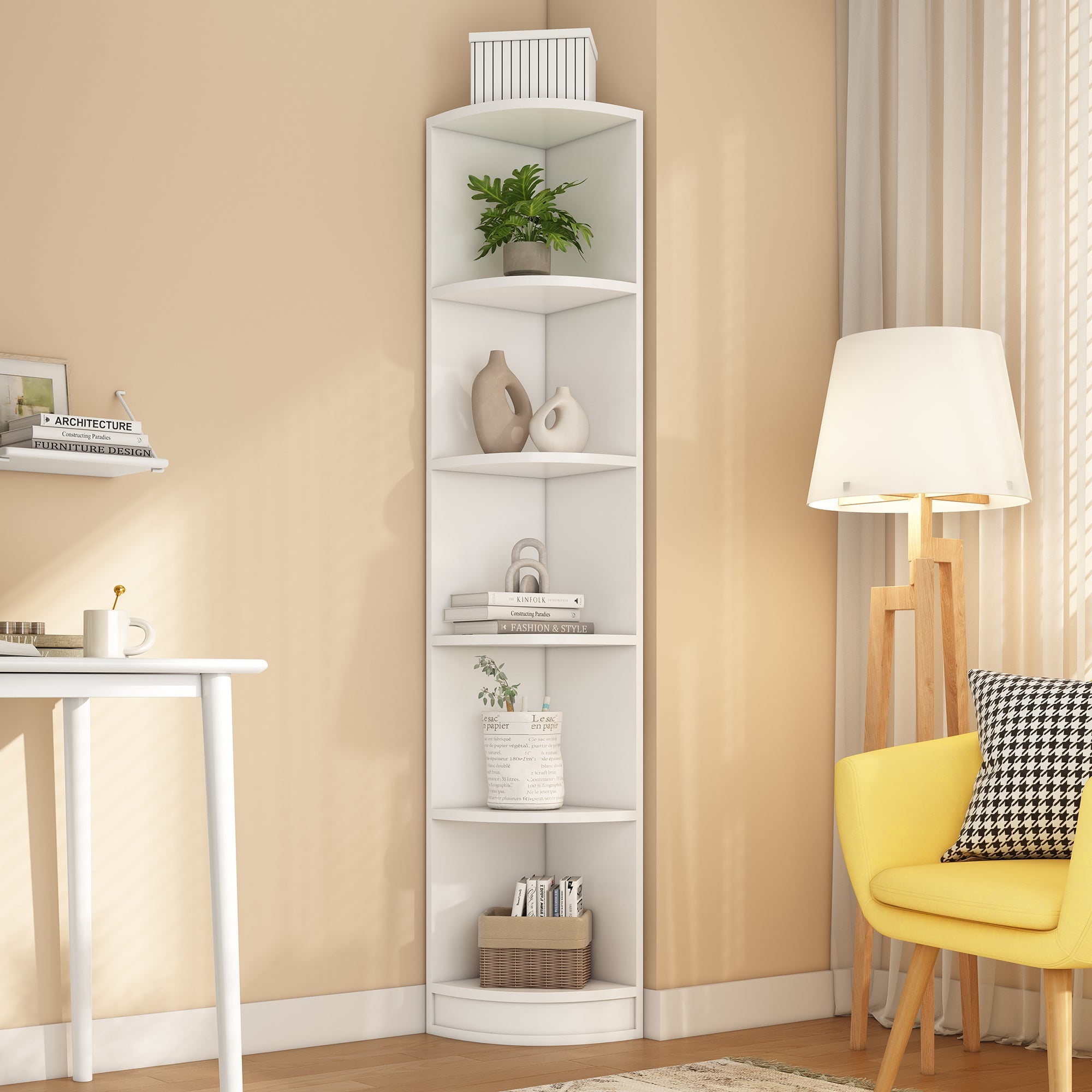 Corner Bookcase 5-Tier Storage MDF - White