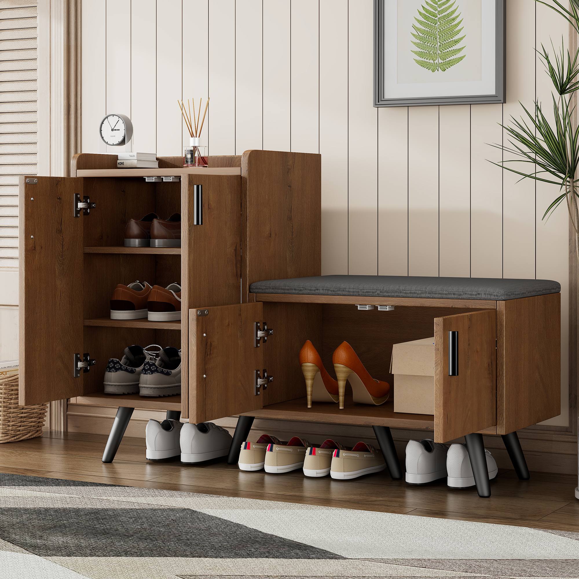 Modern shoe bench with wood grain, shoe cabinet, four storage doors, asymmetrical metal handles