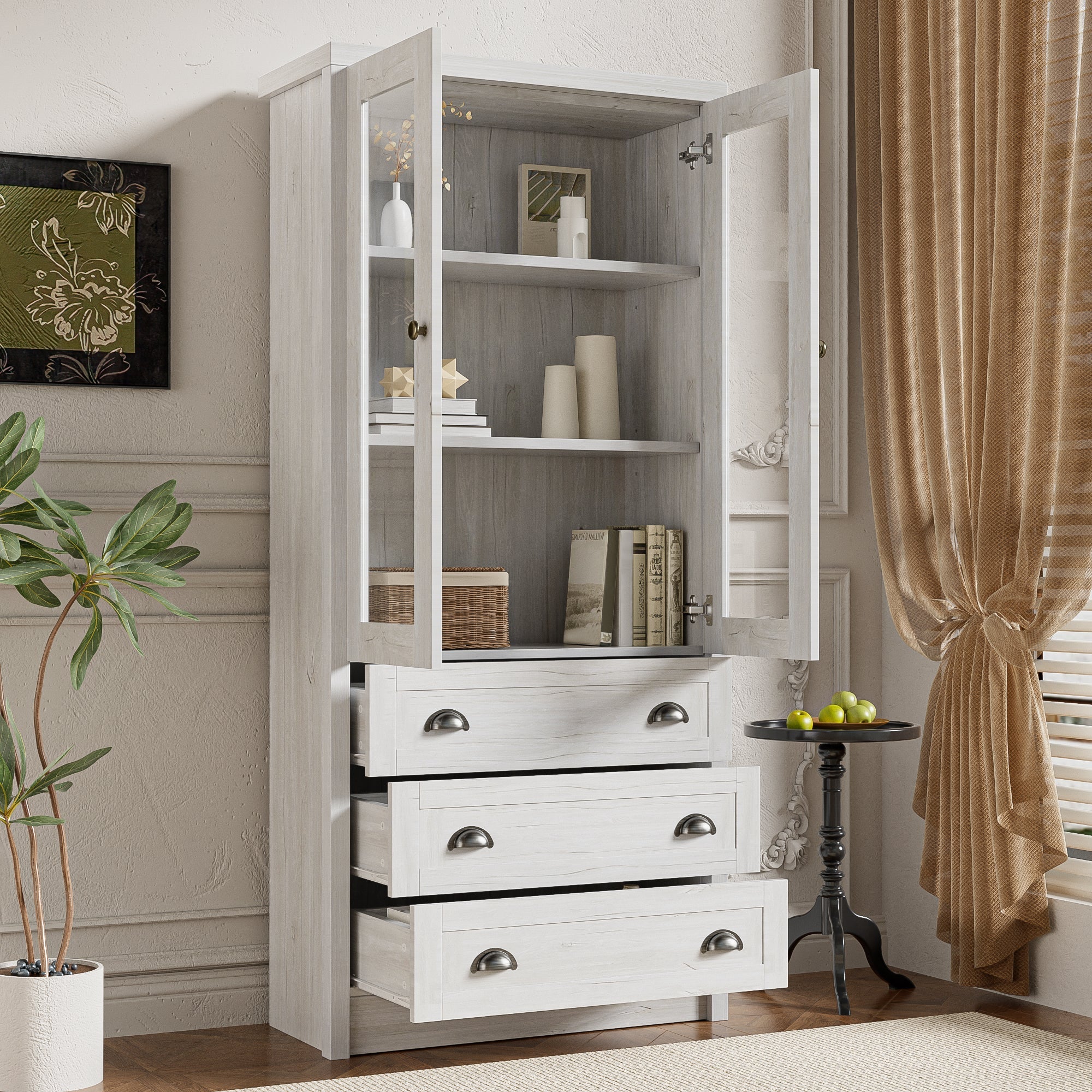 Modern Highboard Cabinet, 80x34x171 cm, Glass Doors, 3 Drawers, Wood Look with Copper Handles