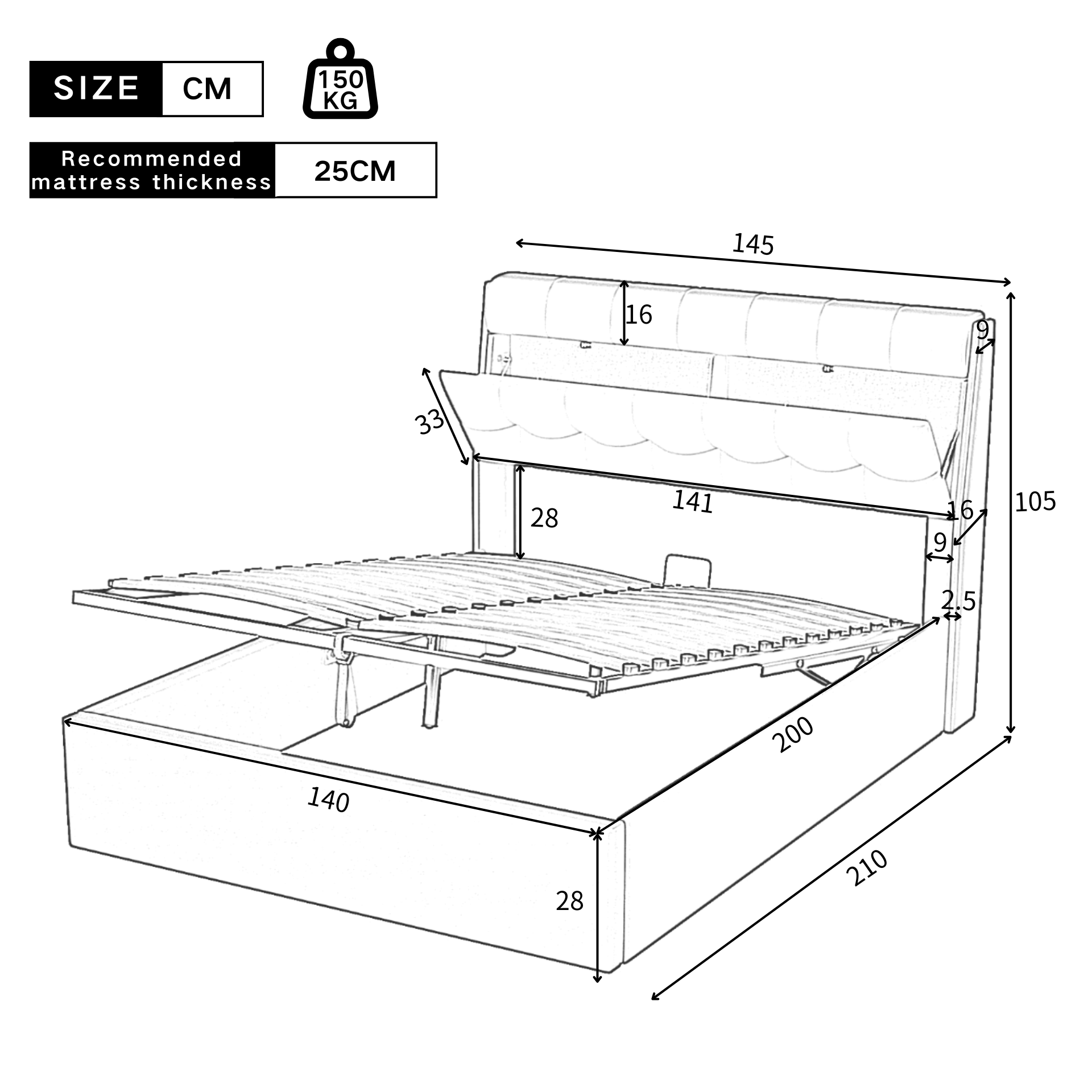 Stylish Upholstered Bed 140x200 Hydraulic Concealed Storage PU White