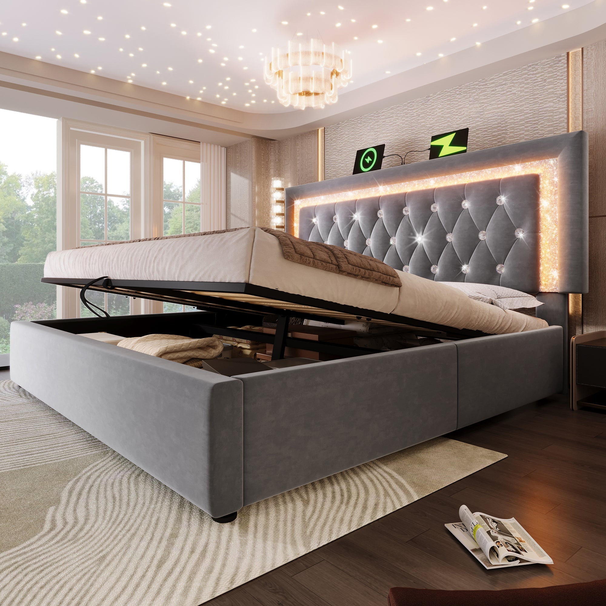 Upholstered Double Bed 160x200cm LED Diamond Headboard USB/Type-C Hydraulic Storage - Velvet Grey