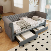 Vintage Headboard Upholstered Bed, 90x200 cm Daybed with 2 Storage Drawers, Linen Gray