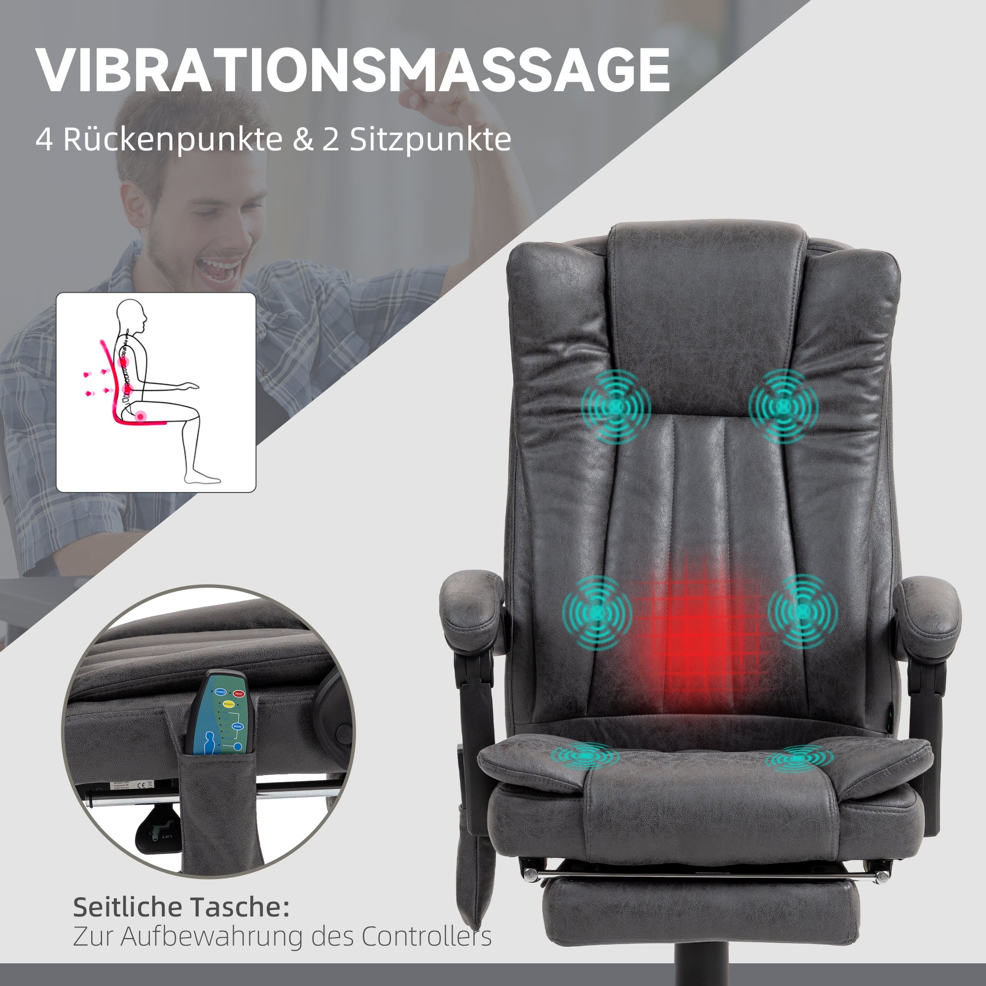Vinsetto Office Chair with Massage & Heat, Adjustable Footrest, Grey