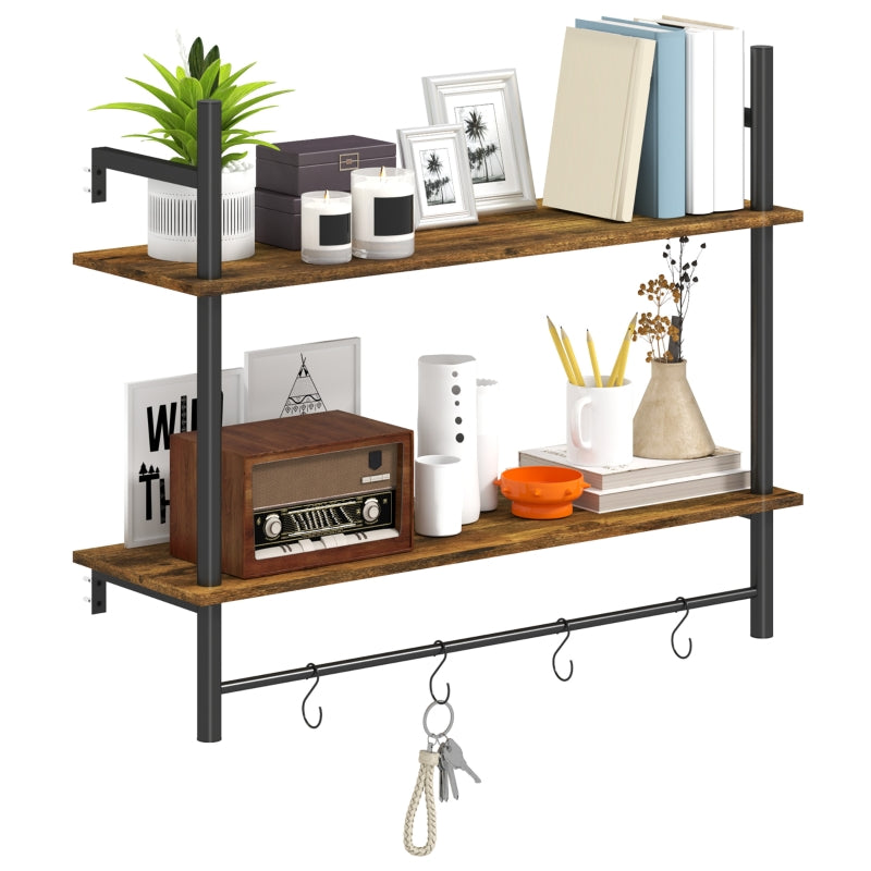 Wall Mounted Floating Shelves with 4 Hooks, Rustic Brown
