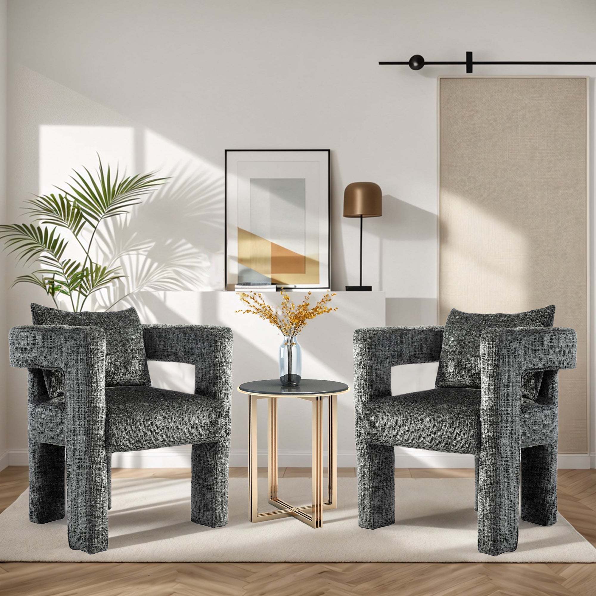 GOMYWAY Modern Chenille Lounge Chair with Hollow Armrest Design and Comfortable Cushions (Dark Gray)