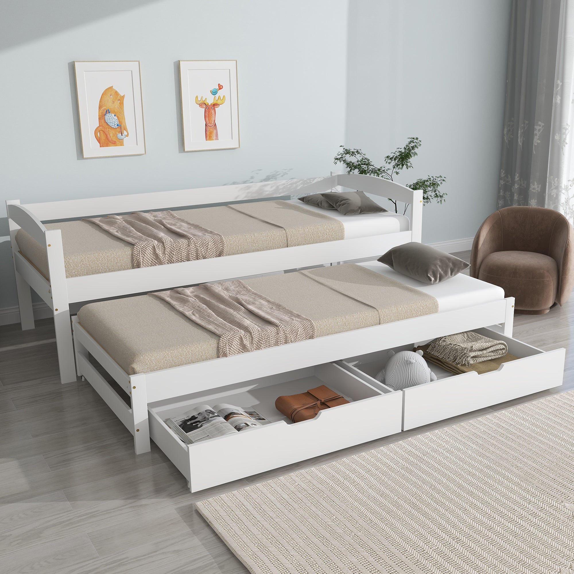 Daybed Single/Double Sliding Bed with 2 MDF Drawers, Solid Wood Frame, White