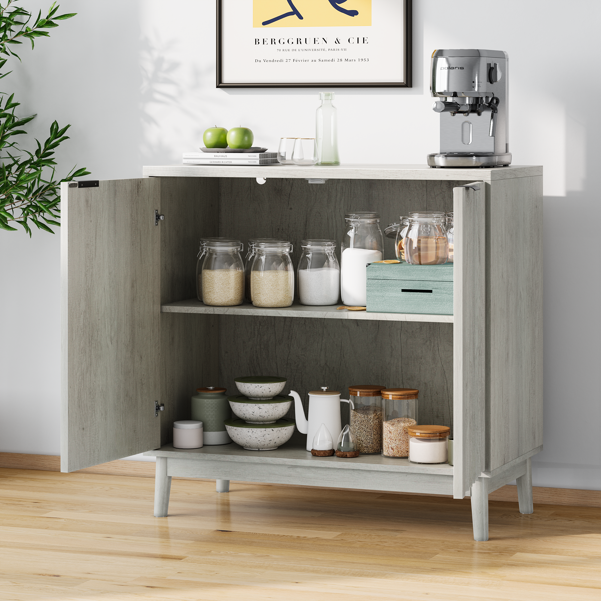 Grooved Edge Cabinet, Independent Wash Buffet with Adjustable Shelves, Wooden, Gray