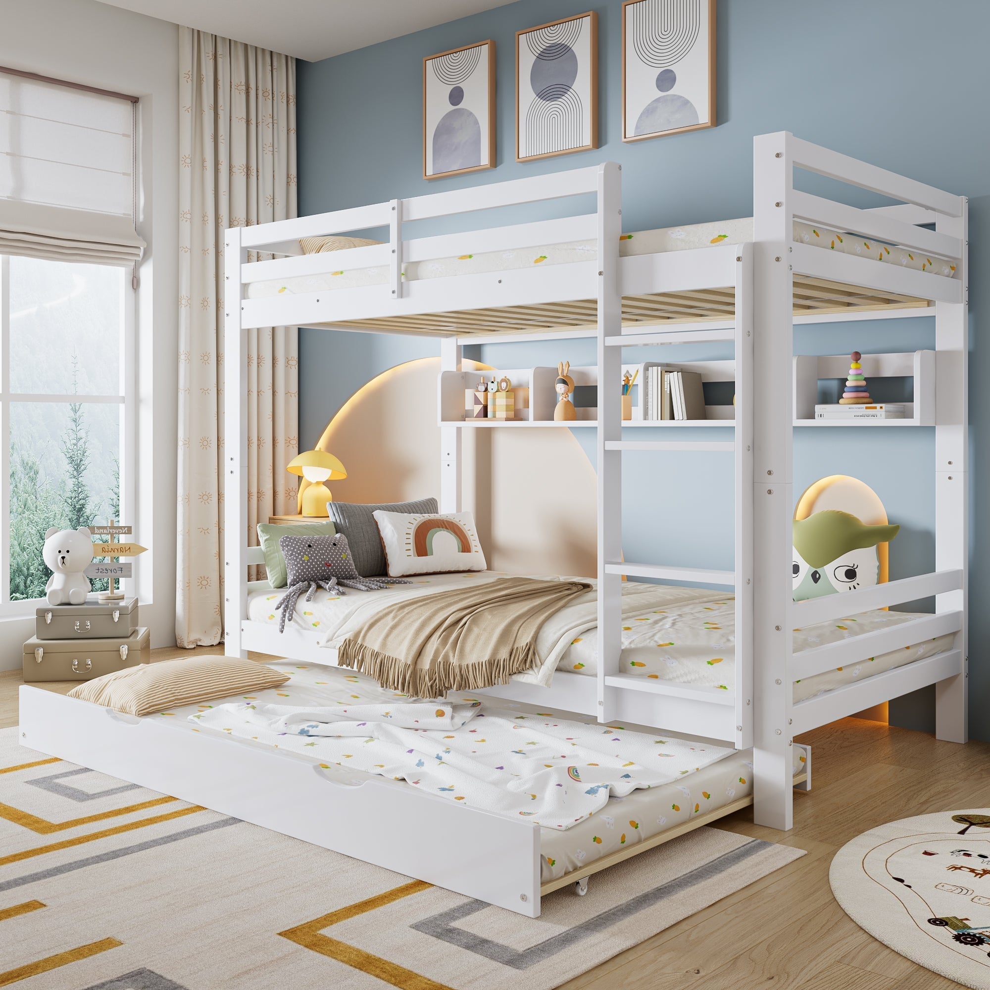 Bunk Bed Extendable with Shelves, Slats, Ladder, Pine/MDF/Plywood, White, 90x200cm