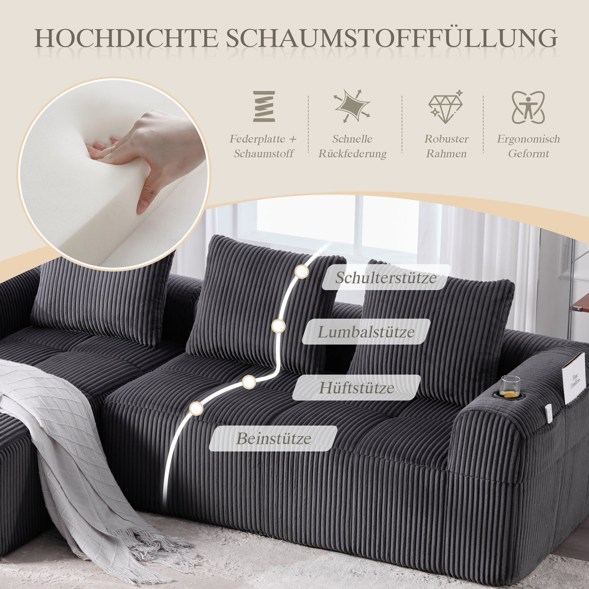 Compact Sofa Modular Side Pocket Cup Holder 3 Cushions - Corduroy Dark Gray