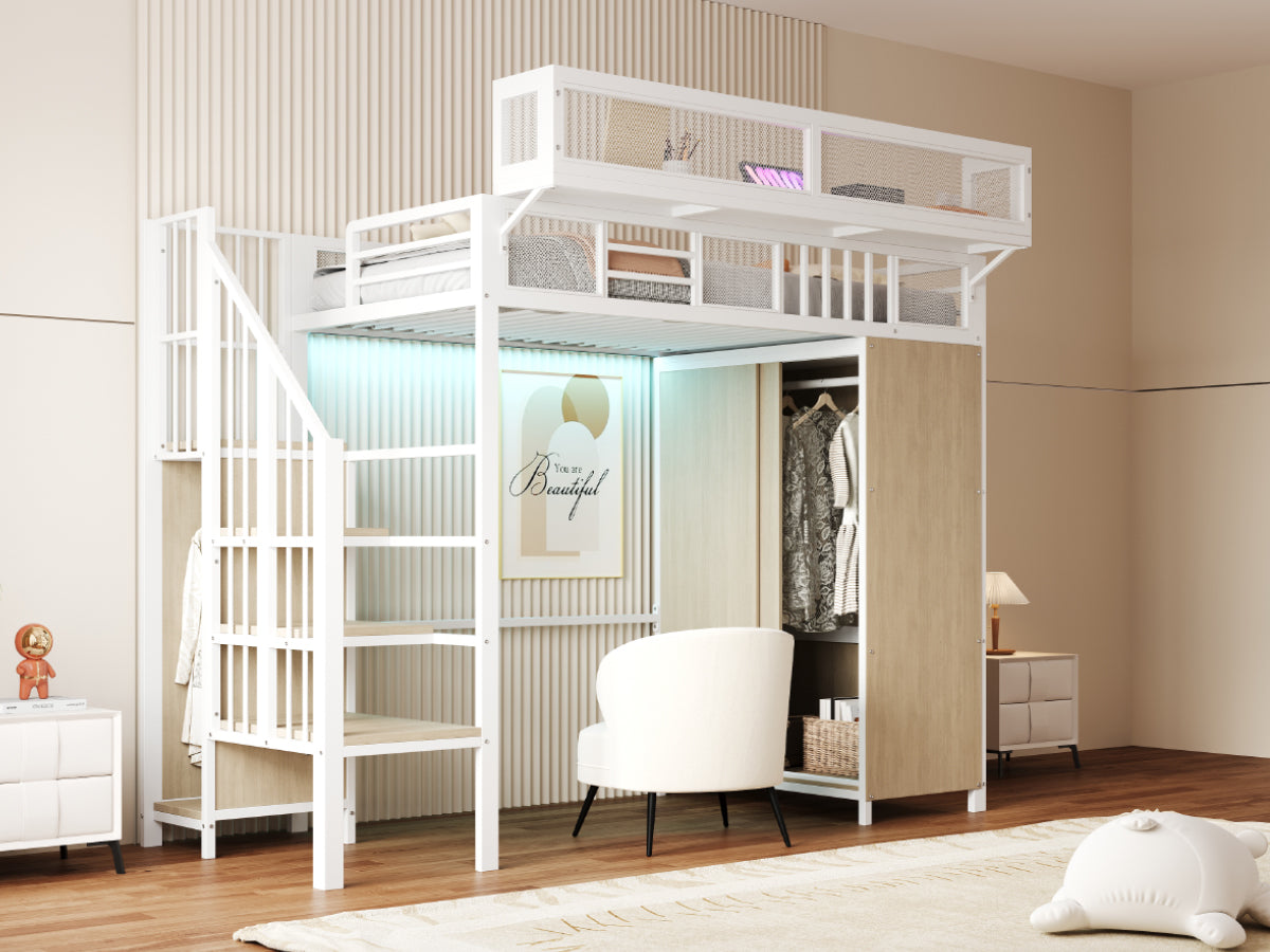 Metal Loft Bed with Wardrobe, Safety Ladder and LED Lighting, White