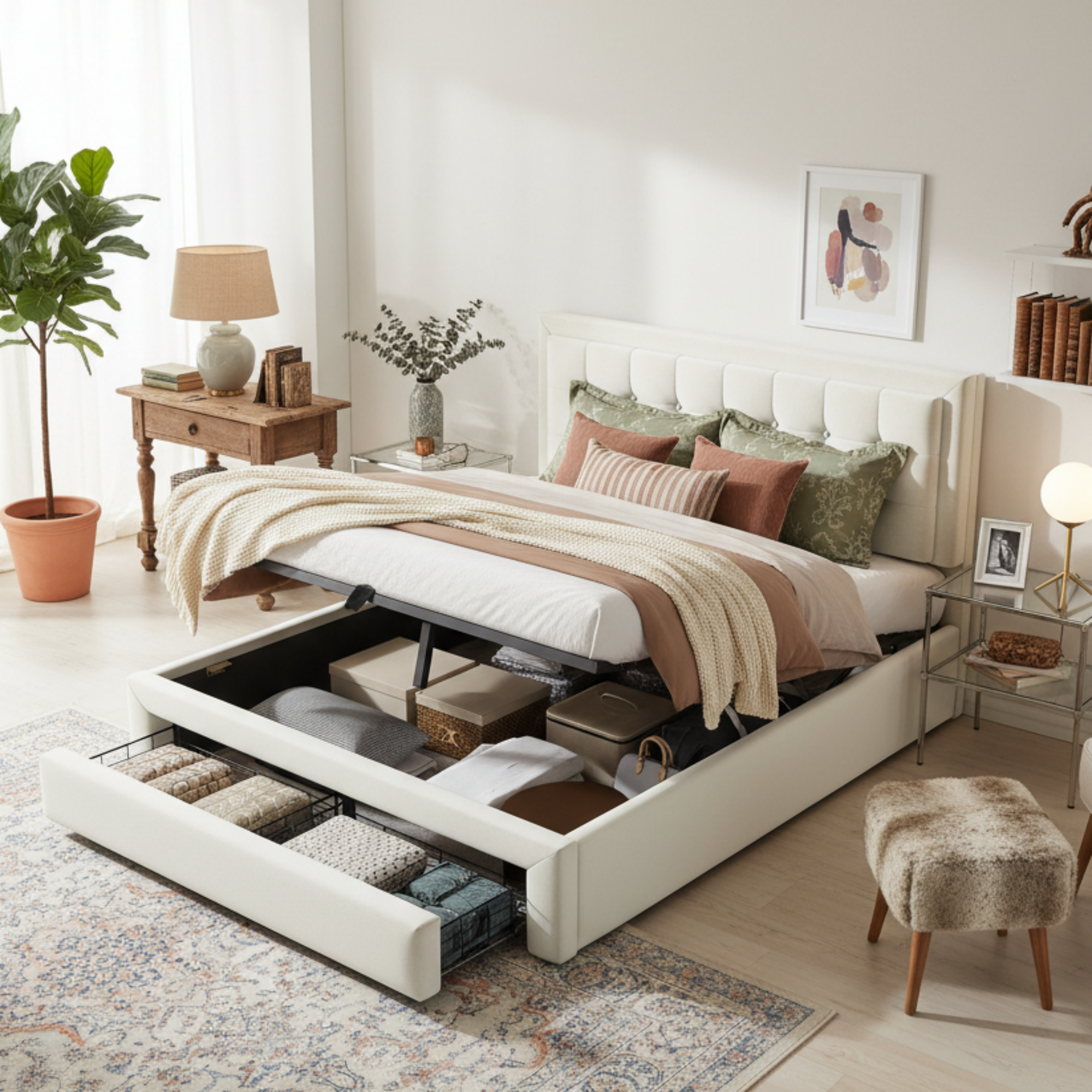 Upholstered Double Bed 140x200cm Hydraulic Storage Headboard 2 Drawers - Velvet Beige