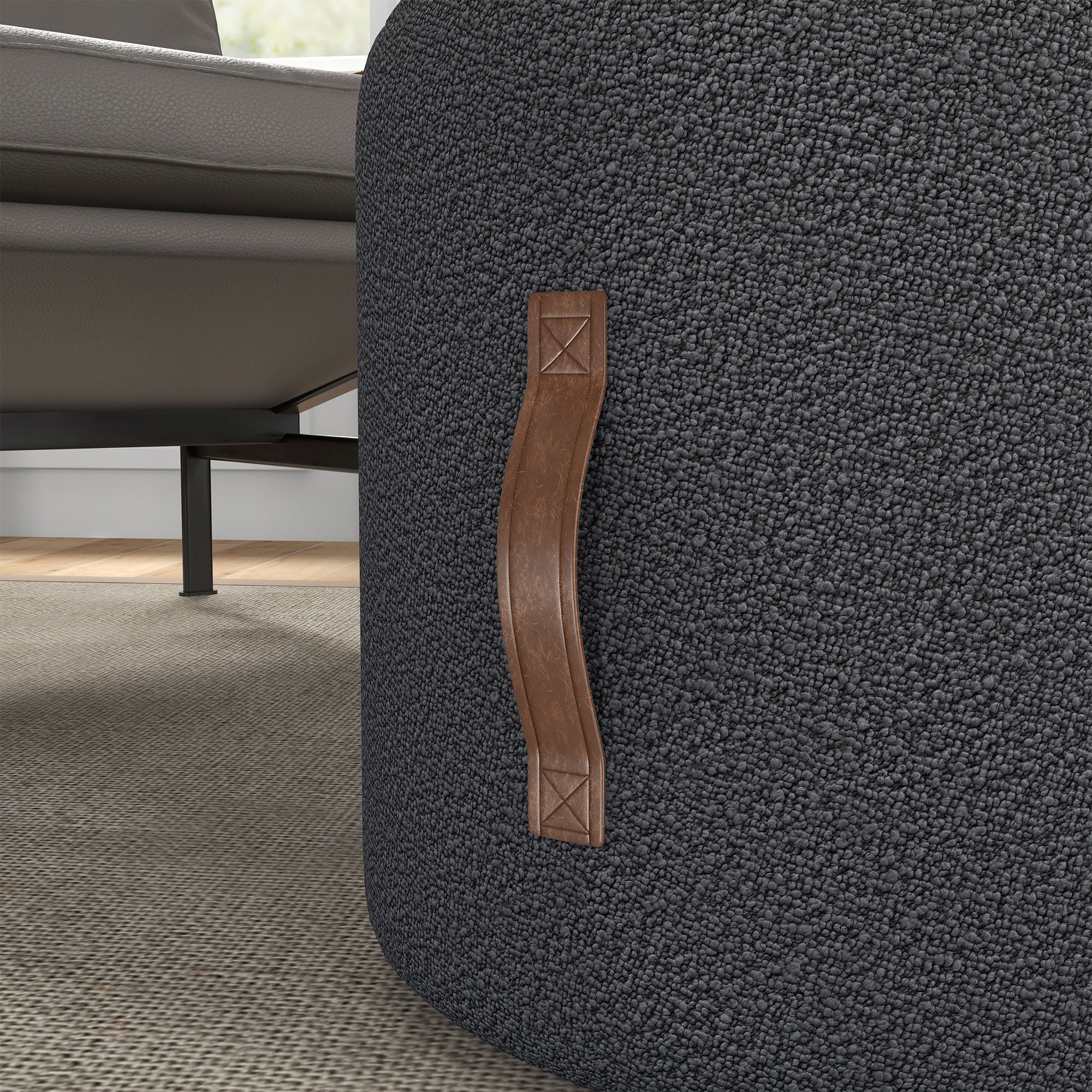 Round Ottoman/Stool Upholstered Footrest Handle Ø48x45cm, Dark Grey