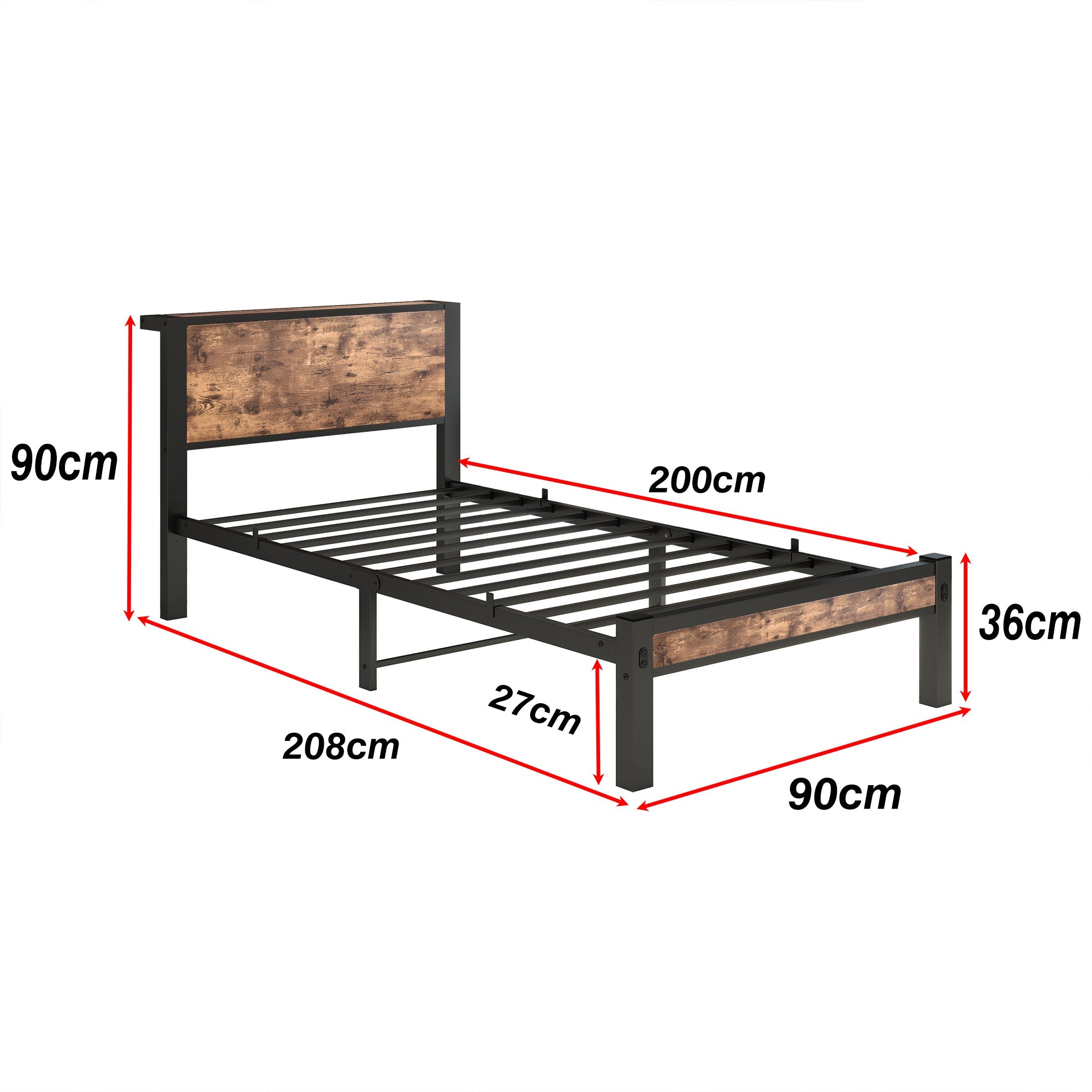 Metal Frame Single Bed, 90x200 cm with Storage Space, Vintage Brown