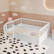 Children's Bed, 140 x 200 cm Wooden Frame with Bars & Door, White