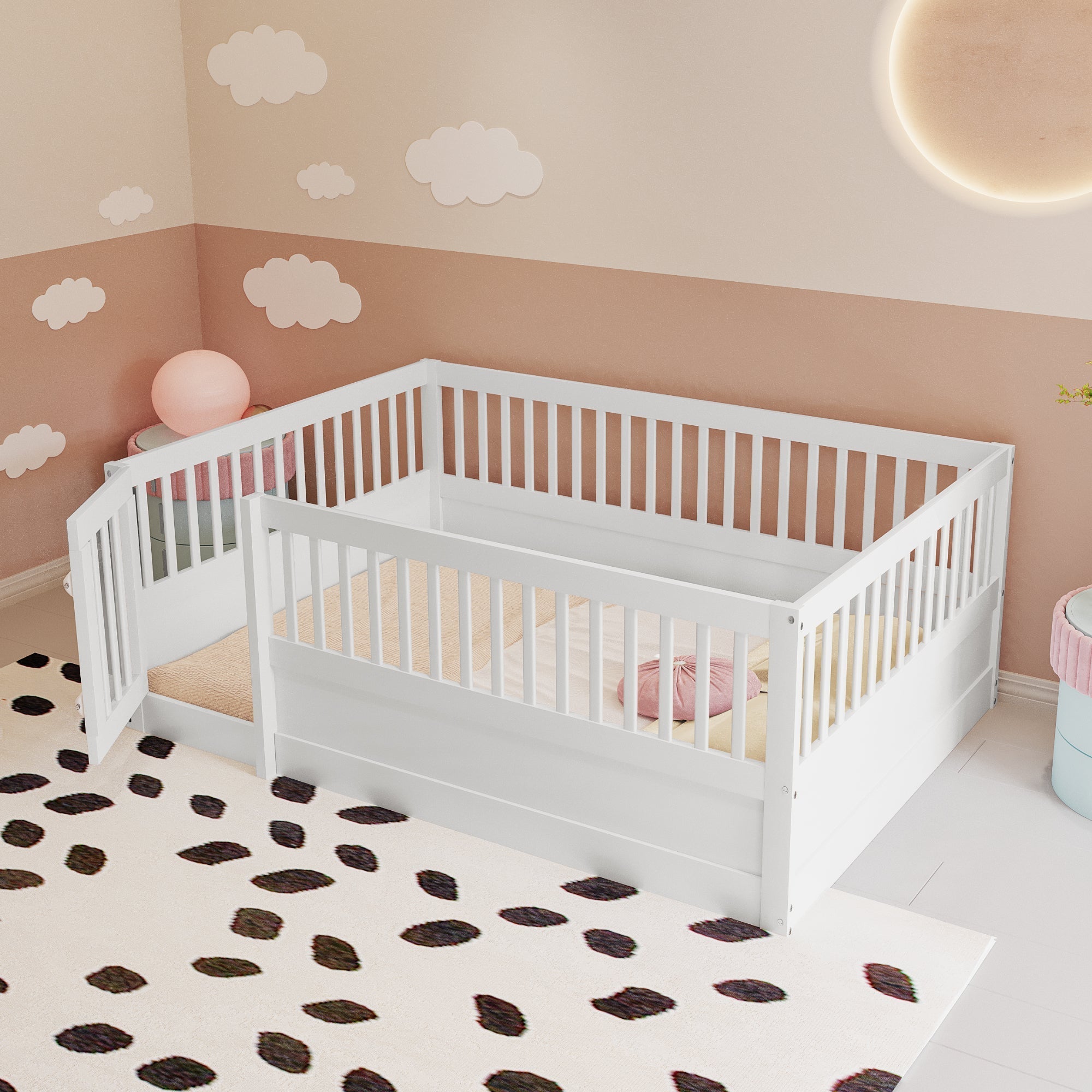 Children's Bed, 140 x 200 cm Wooden Frame with Bars & Door, White