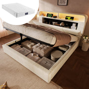 Upholstered Double Bed 140x200cm Hydraulic Storage Headboard LED USB/Type-C Velvet Beige