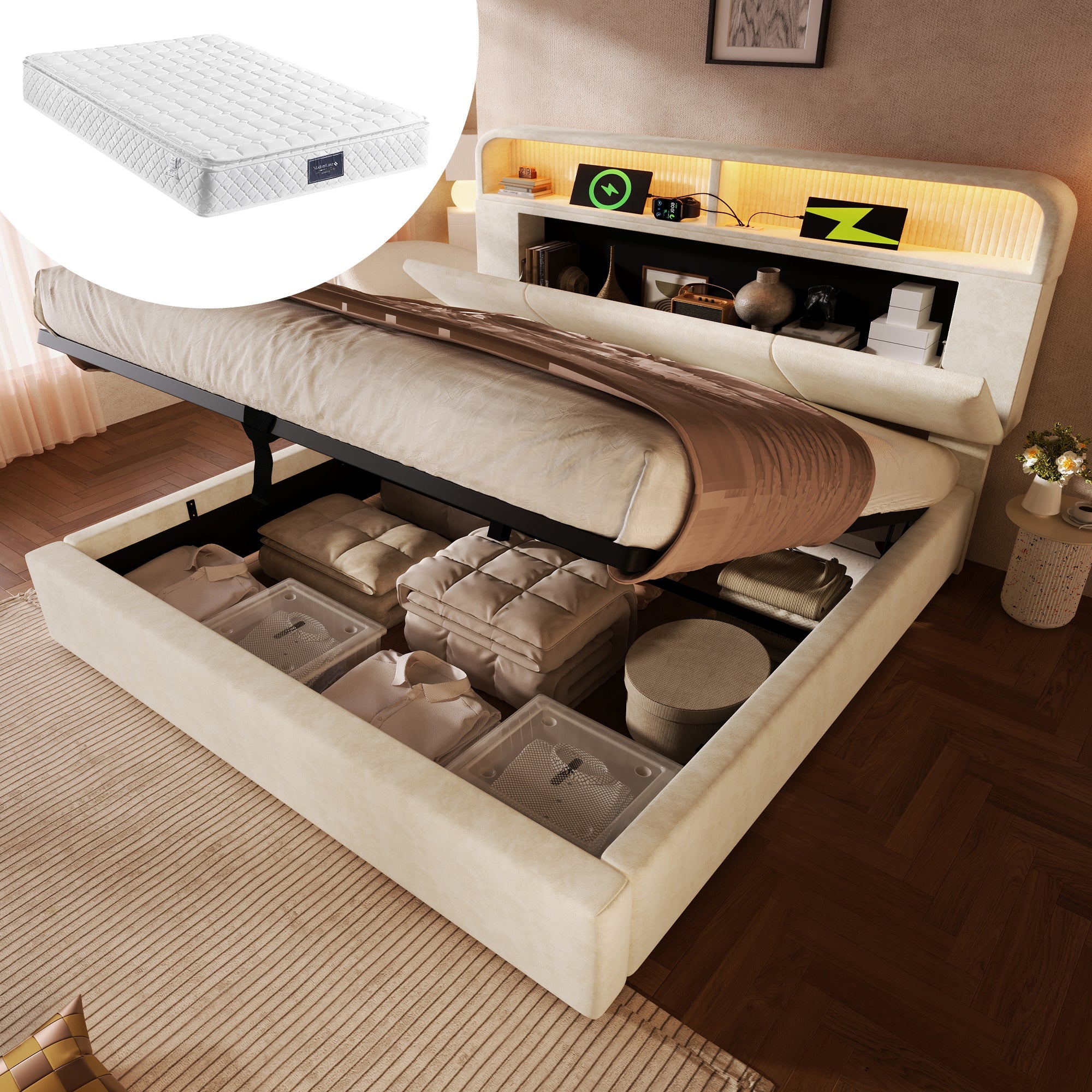 Upholstered Double Bed 160x200 cm with Hydraulic Storage, LED, USB Charging and Mattress, Beige Velvet