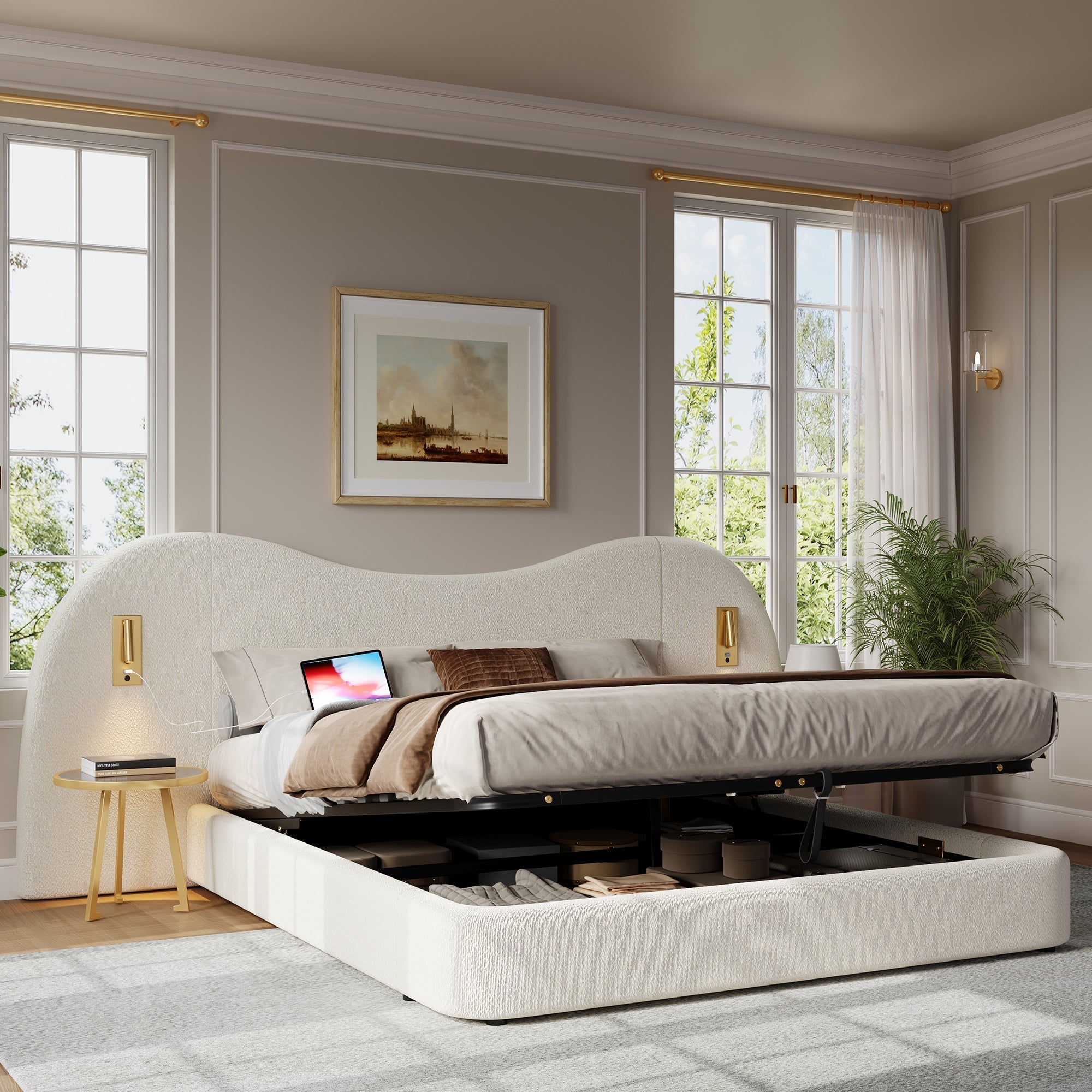 Upholstered Double Bed 180x200cm Hydraulic Storage USB Reading Lamp White Bouclé