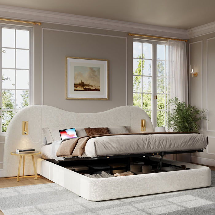 Upholstered Double Bed 180x200cm Hydraulic Storage USB Reading Lamp White Bouclé