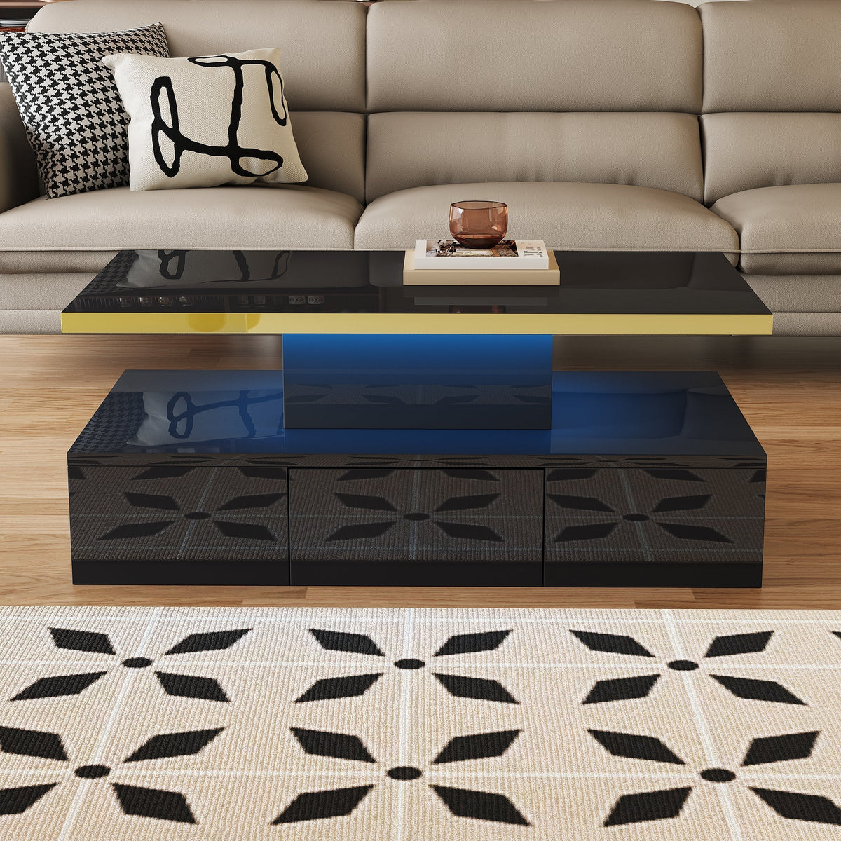 Coffee Table with Drawers, Shelves, High-Gloss Finish, LED Light