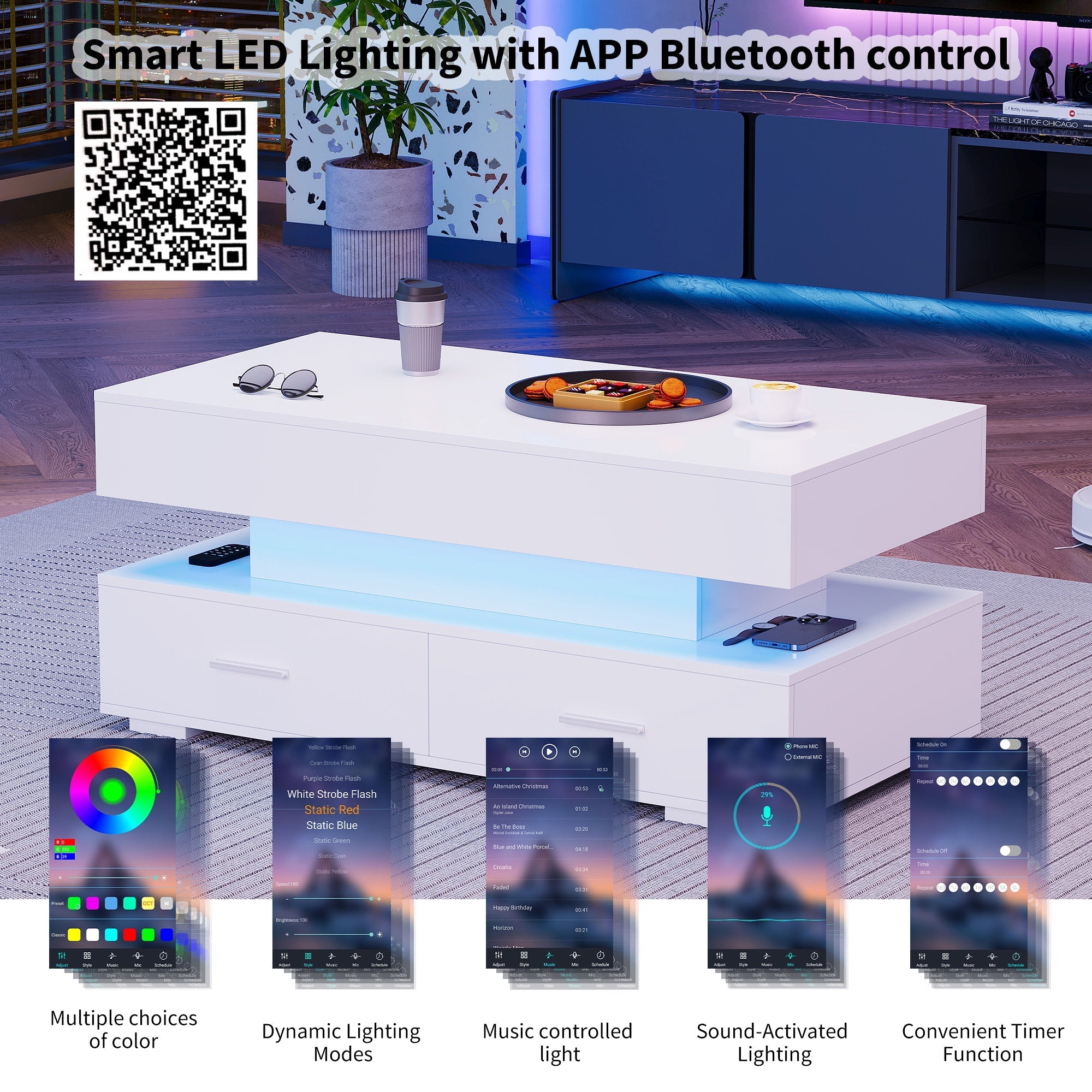 Hydraulic Height-Adjustable Coffee Table, LED Lighting, Bluetooth Control, 2 Drawers, White