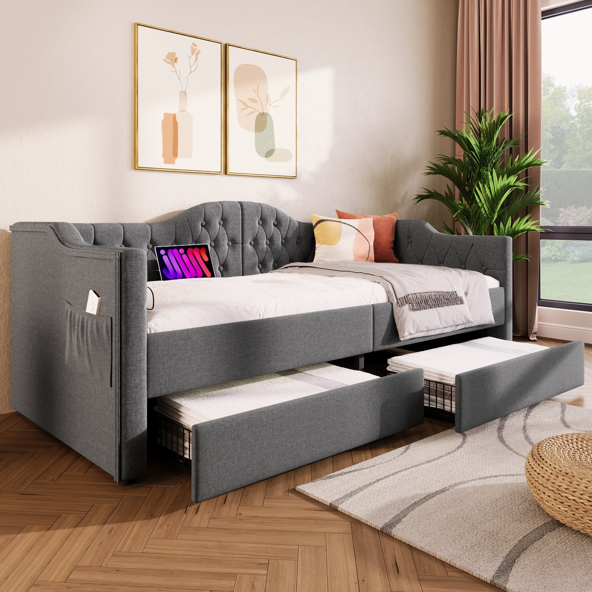 Upholstered Bed Daybed Sofa Bed with USB Type C & 2 Drawers, Grey Linen
