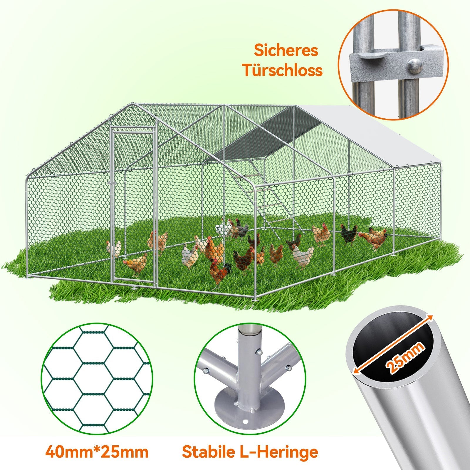 Chicken Run 3x6x2m with Safety Lock & Waterproof PE Cover - Metal