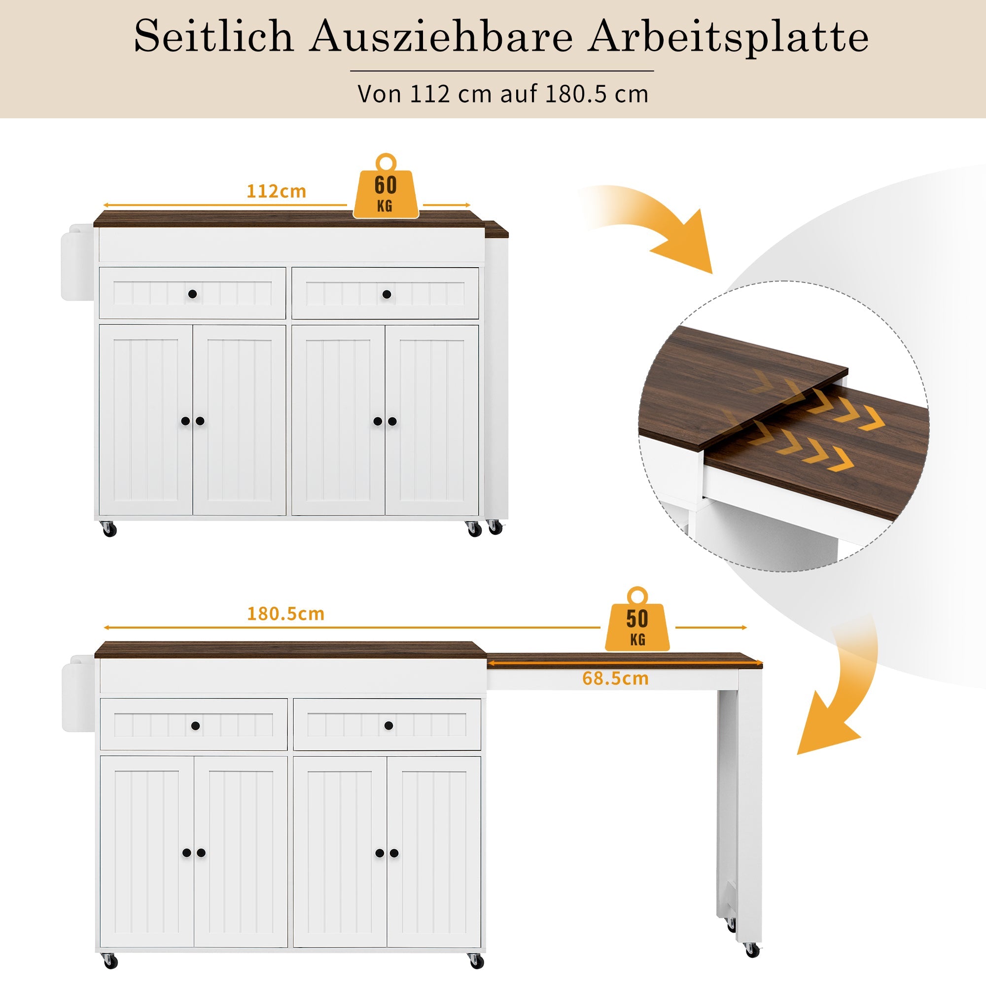 Kitchen Island on Wheels, Extendable with Worktop & Drawers, White + Walnut