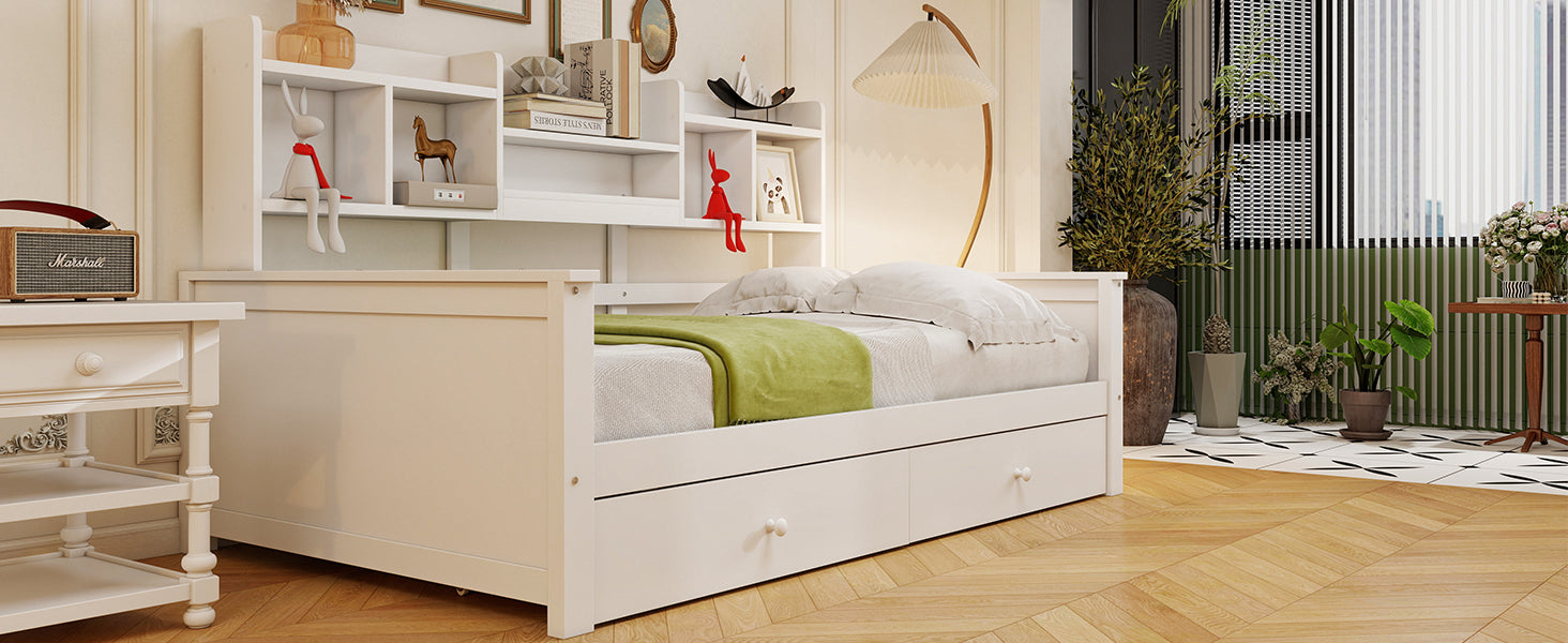 Solid Wood Sofa Bed 90x200 Storage Drawers Shelves White