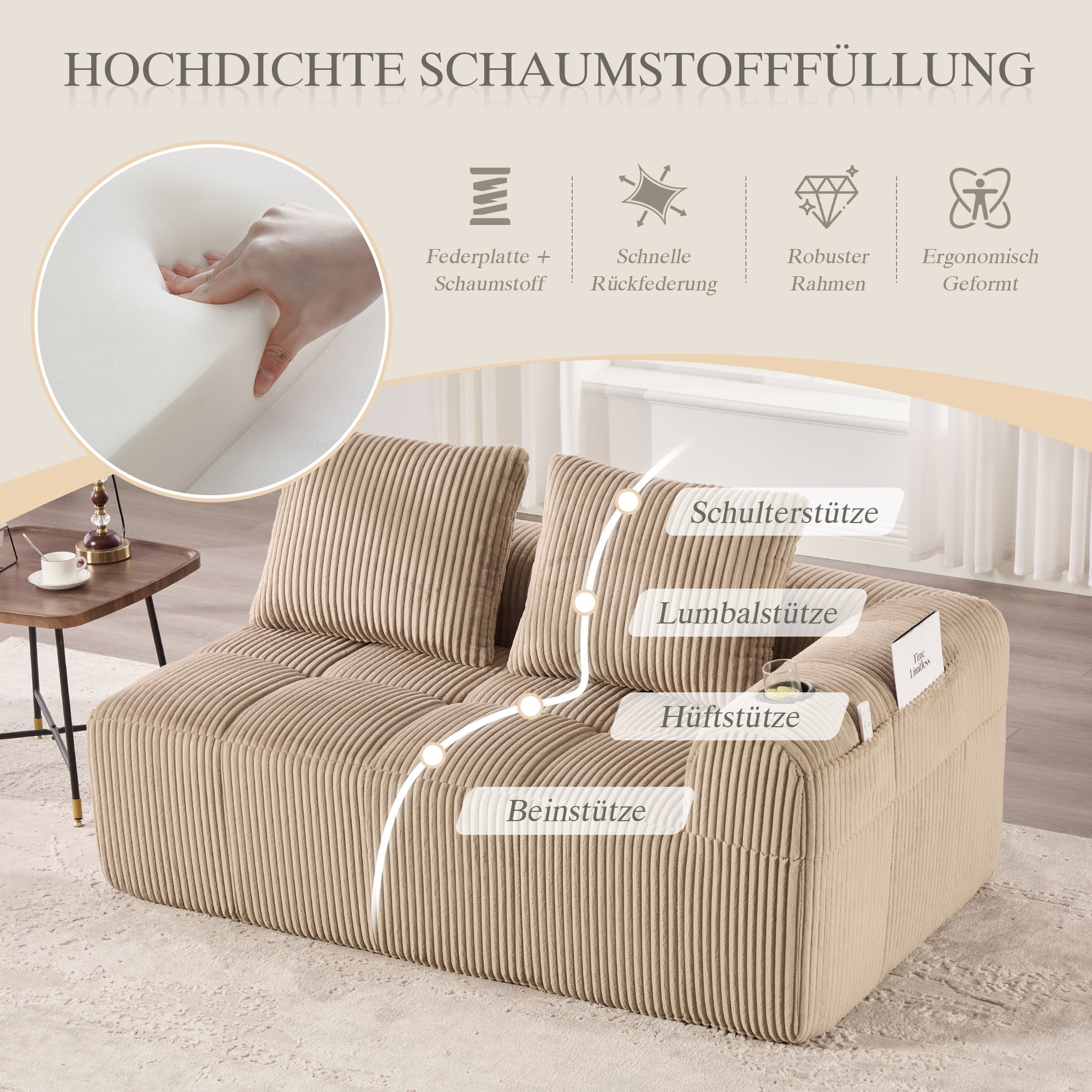Two-Seater Sofa - No Assembly Storage Pocket Drink Holder - Corduroy
