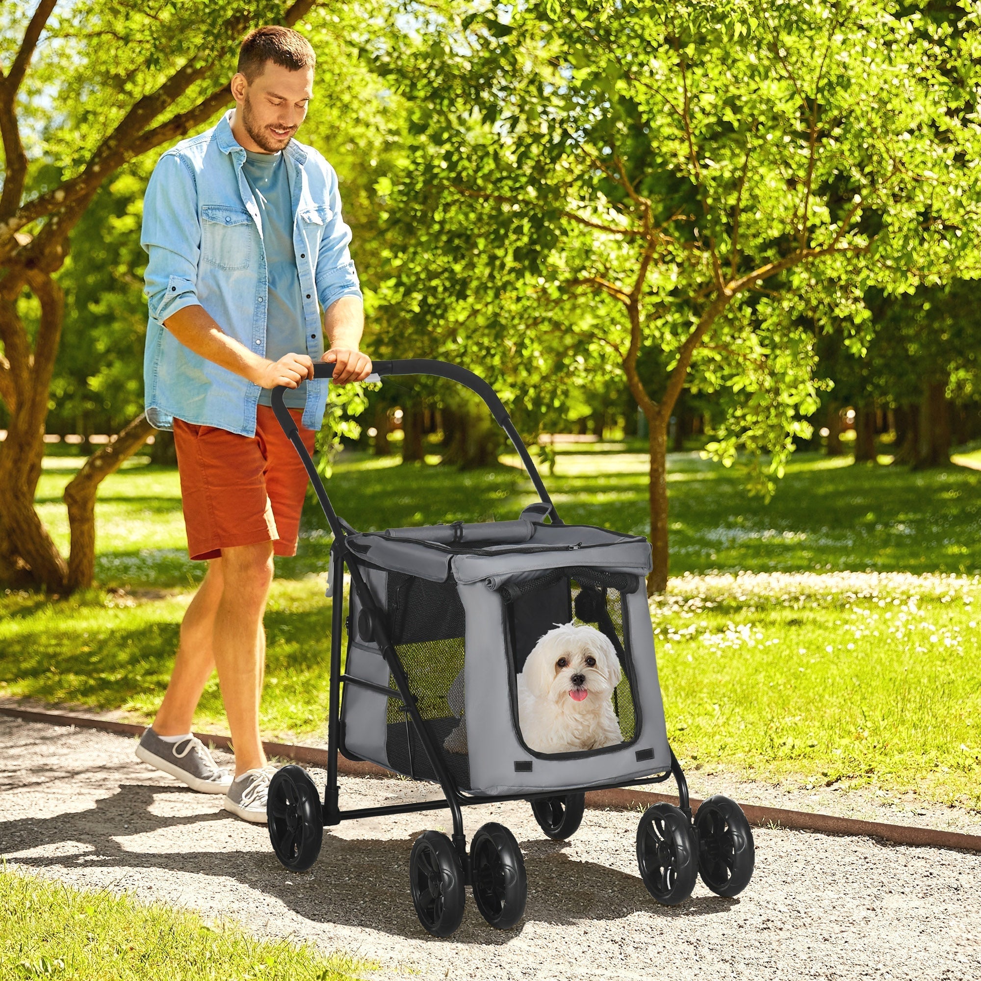Dog Stroller, Foldable Buggy with Cushion, Grey-Black Oxford Fabric