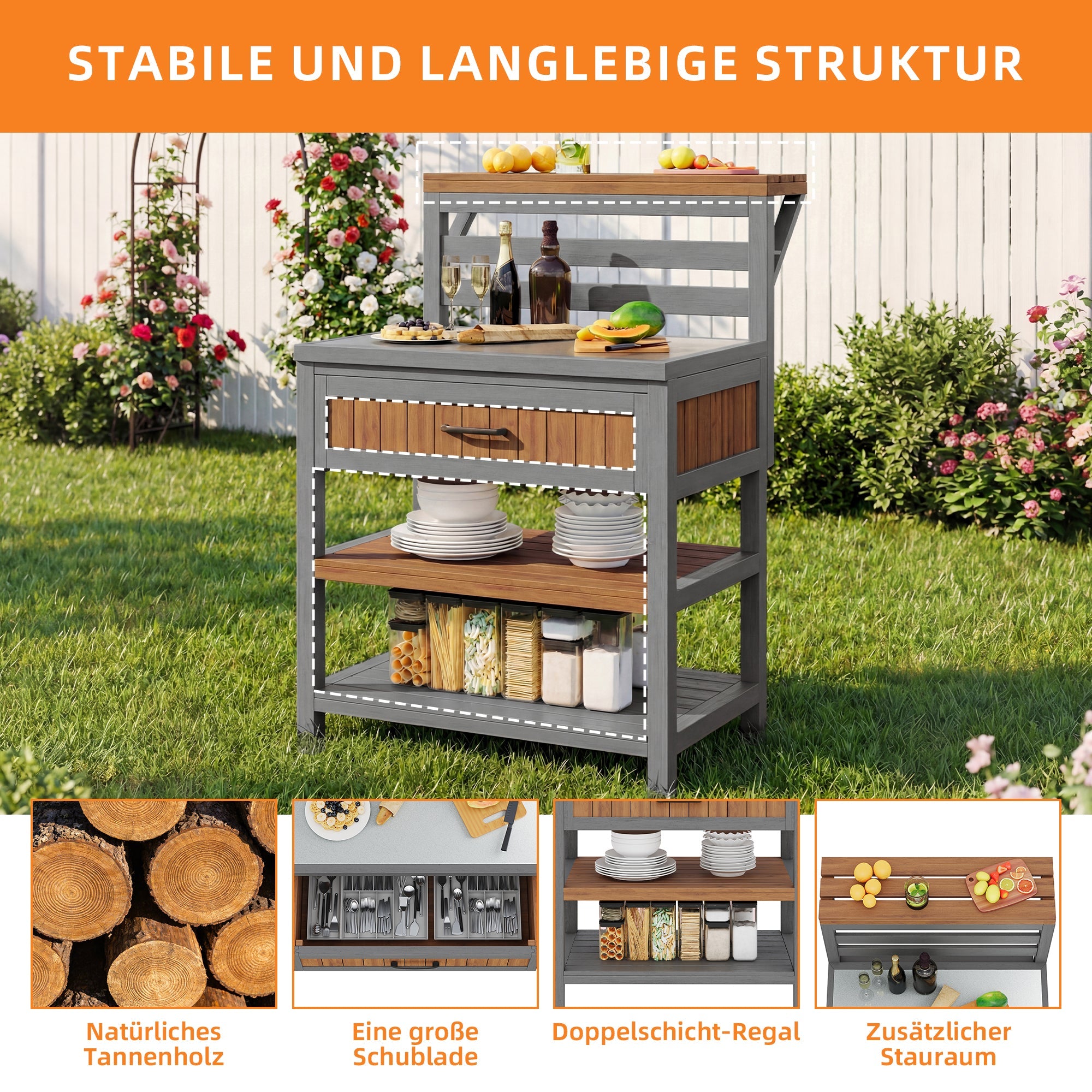 Outdoor Garden Cabinet with Stainless Steel Worktop and Large Drawer, Weatherproof Wood
