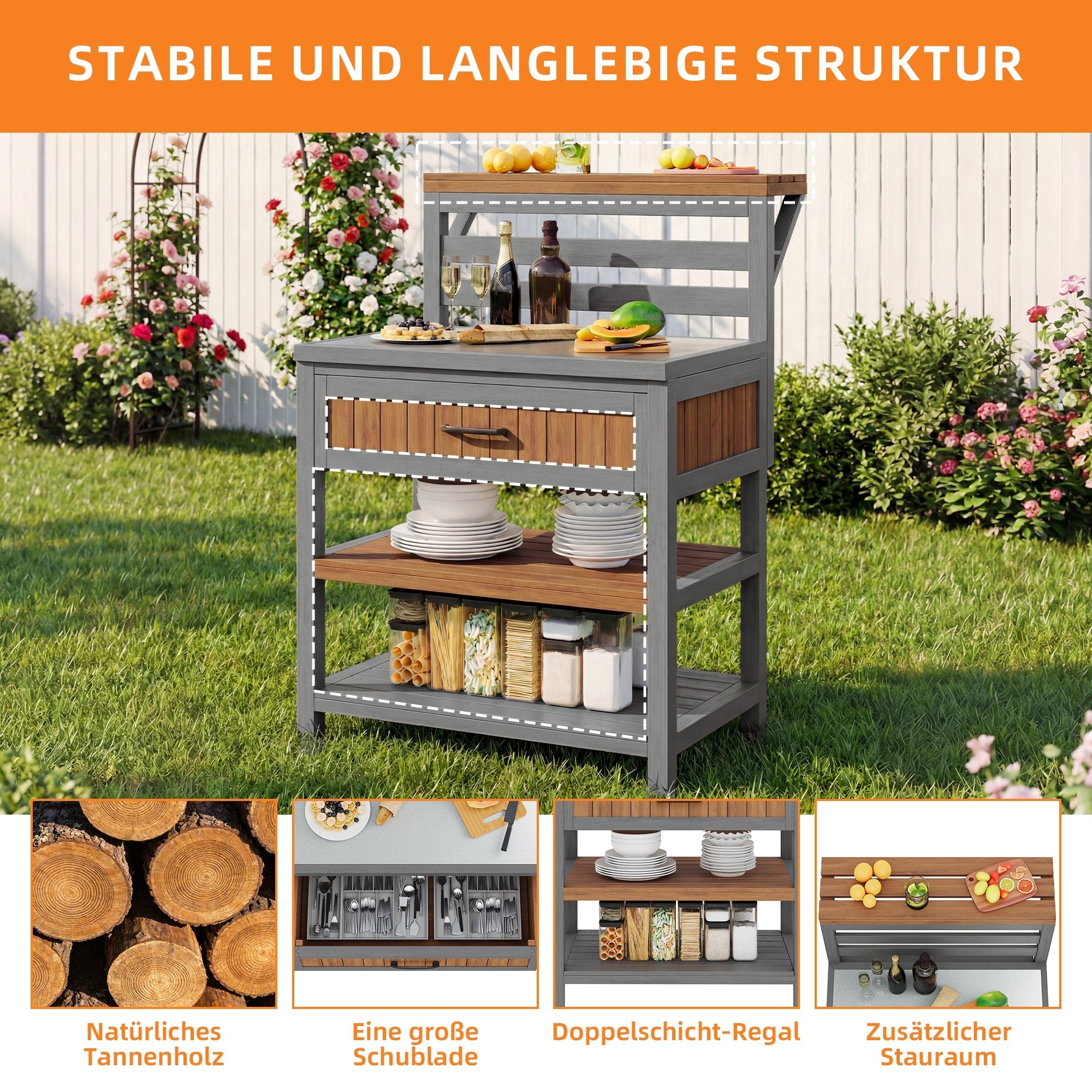 Outdoor Garden Cabinet with Stainless Steel Worktop and Large Drawer, Weatherproof Wood