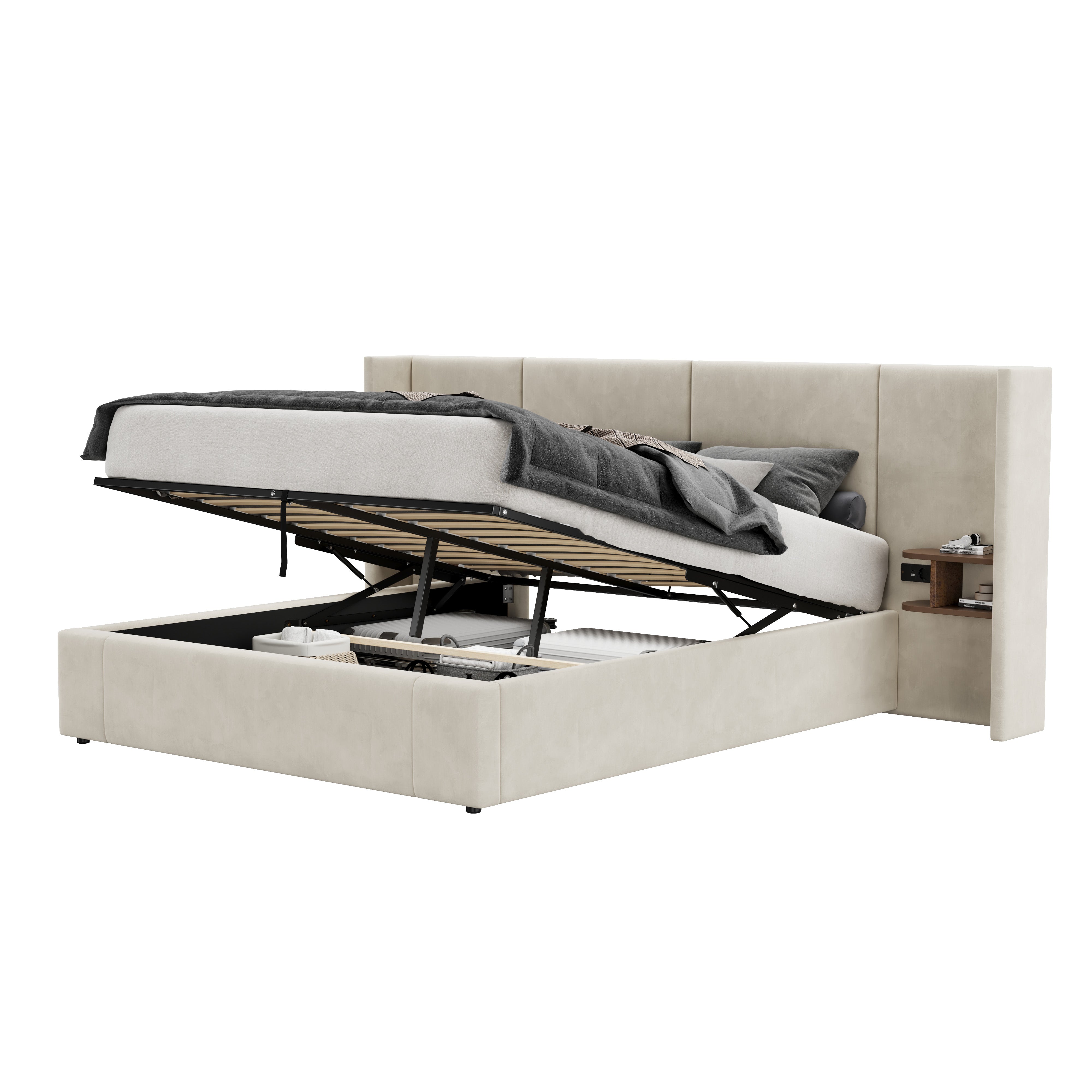 Upholstered Bed 160x200cm Hydraulic Storage USB Power Outlets 2 Bedside Tables Velvet Beige