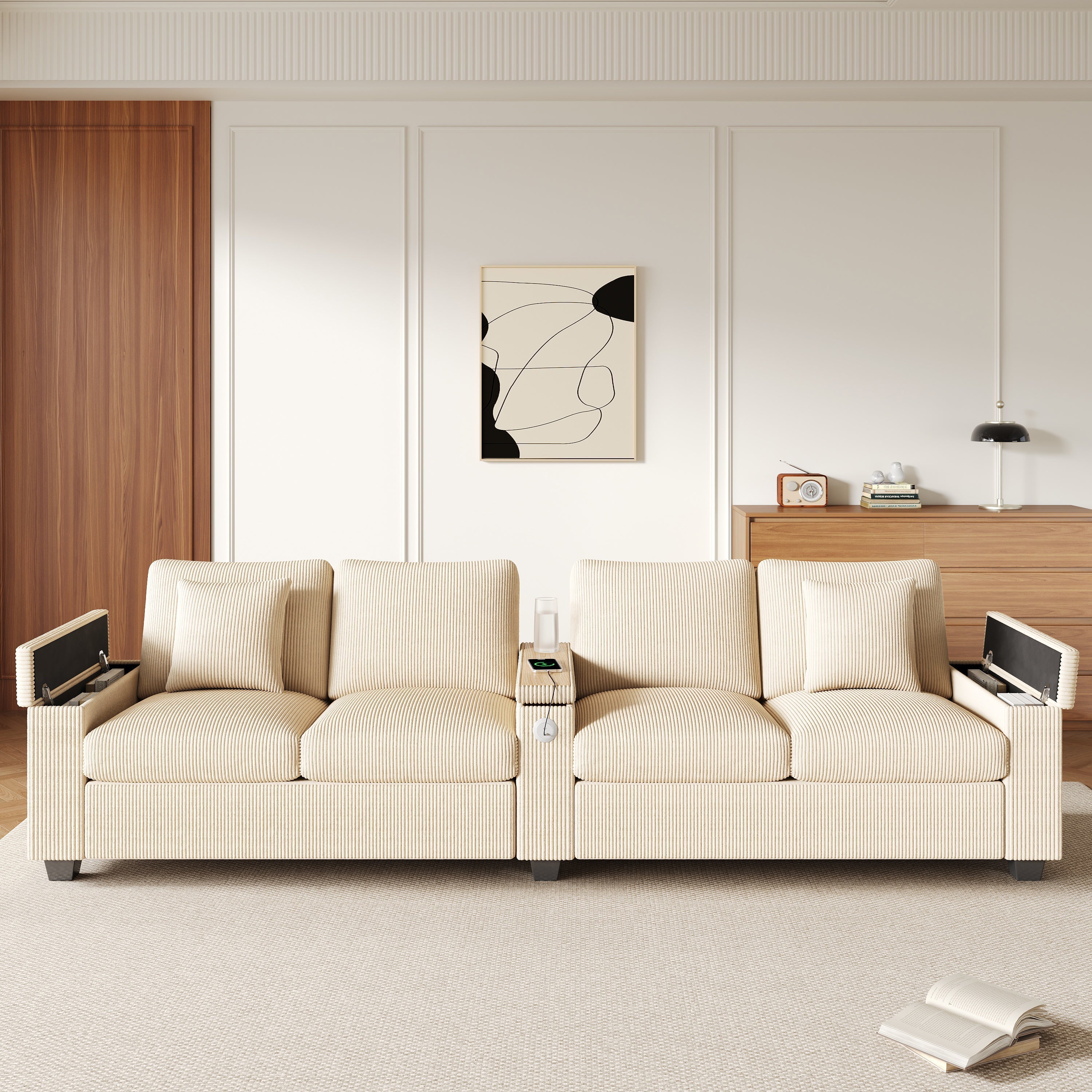 Modern 4-Seater Corduroy Sofa with USB Charging and Storage, Beige