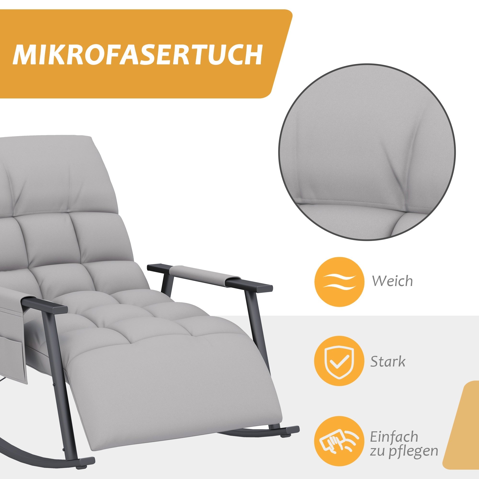Rocking Chair/Relaxing Armchair Footrest Adjustable Backrest Side Pocket, Microfiber Grey