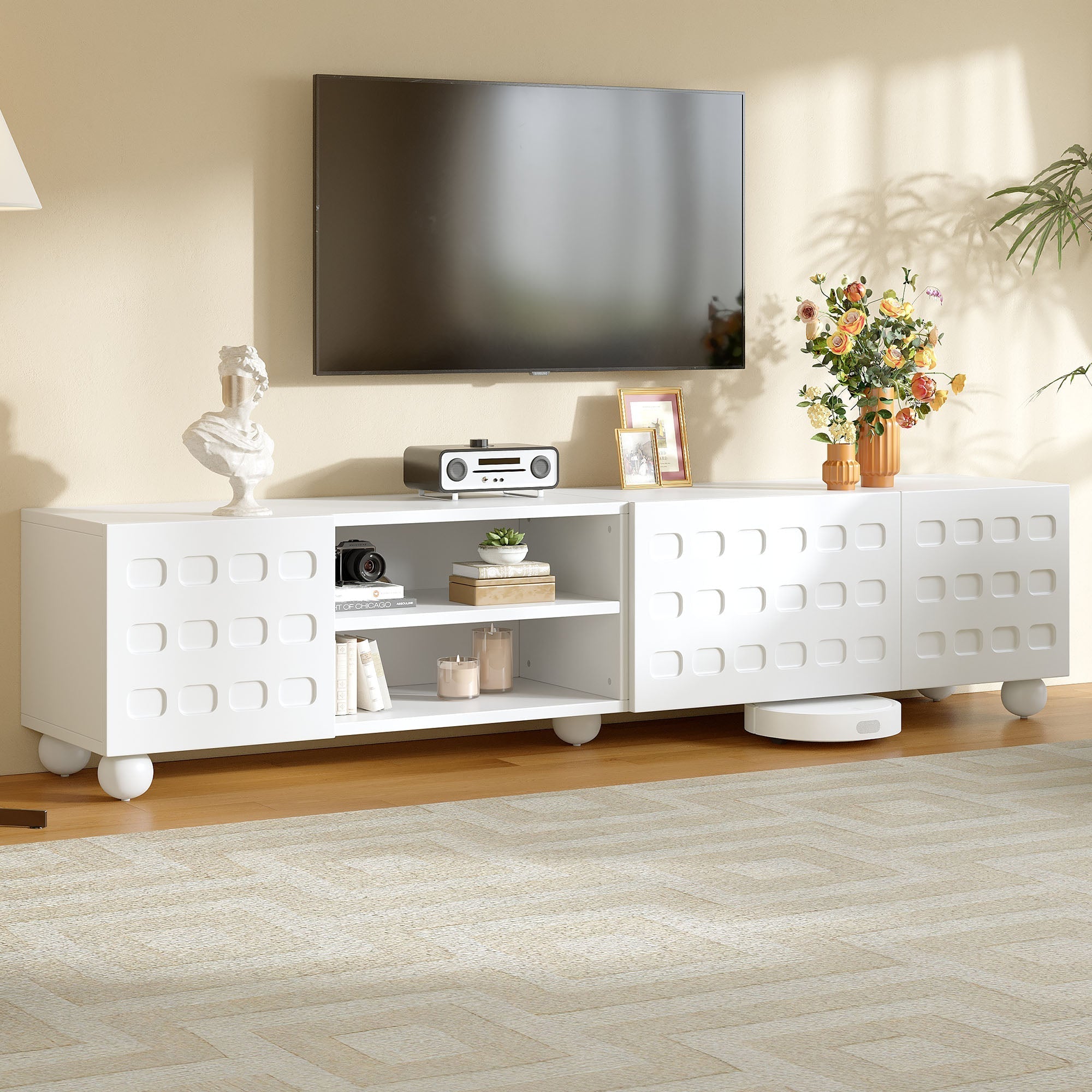 TV Cabinet Lowboard 200cm 3-Door Printed Design - White