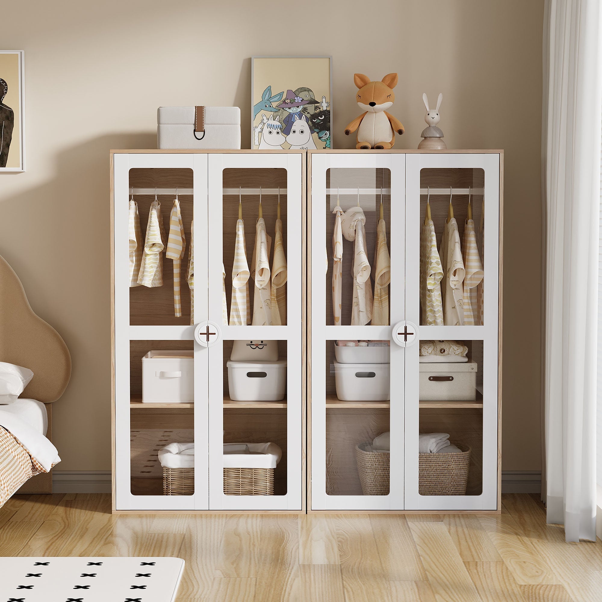 Children's Wardrobe, Double Door with Hanging Rail, 2-Piece Combination, White/Natural Wood Color