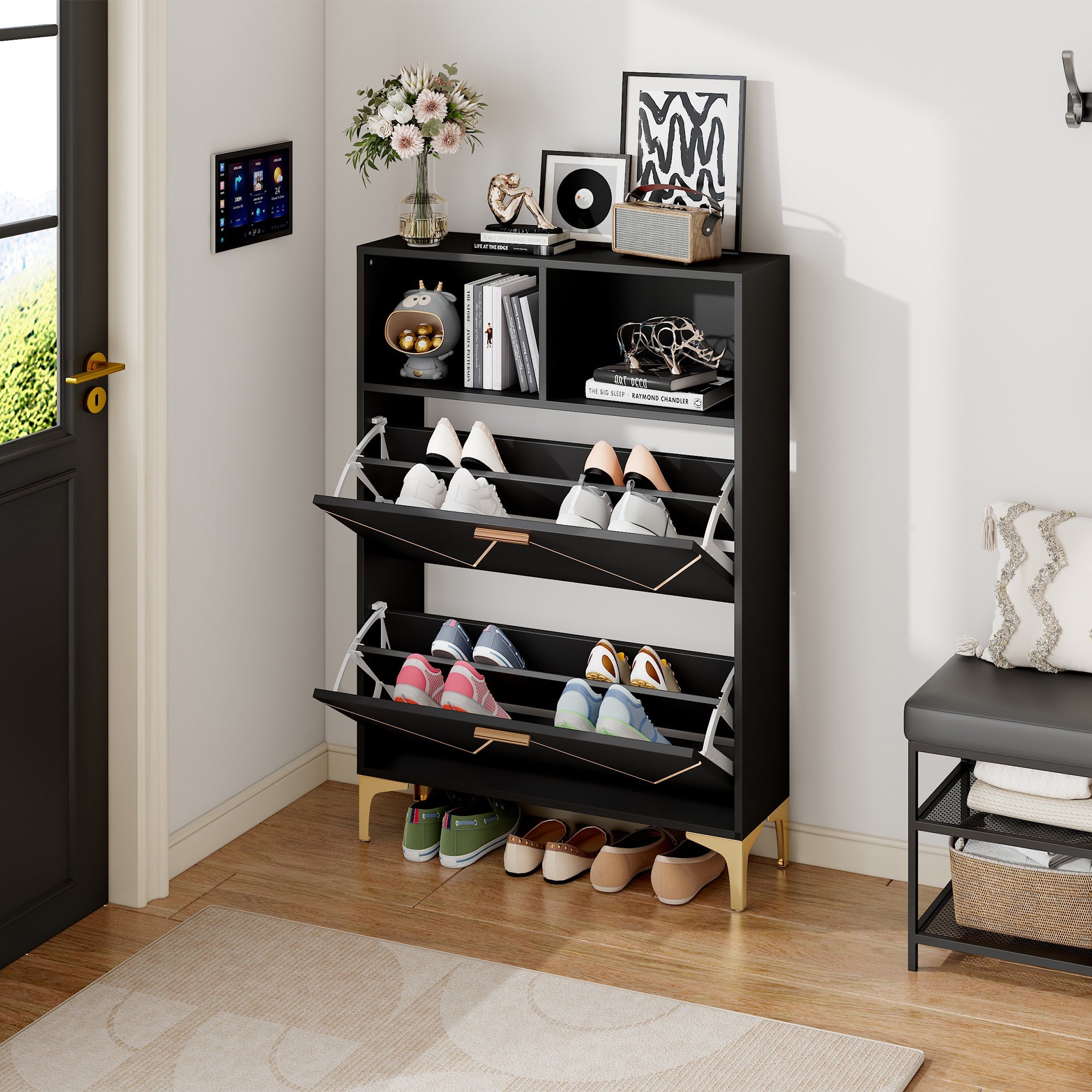 Shoe Cabinet 80x25x117cm Drop-Down Doors Storage Shelves Raised Legs, MDF+Metal