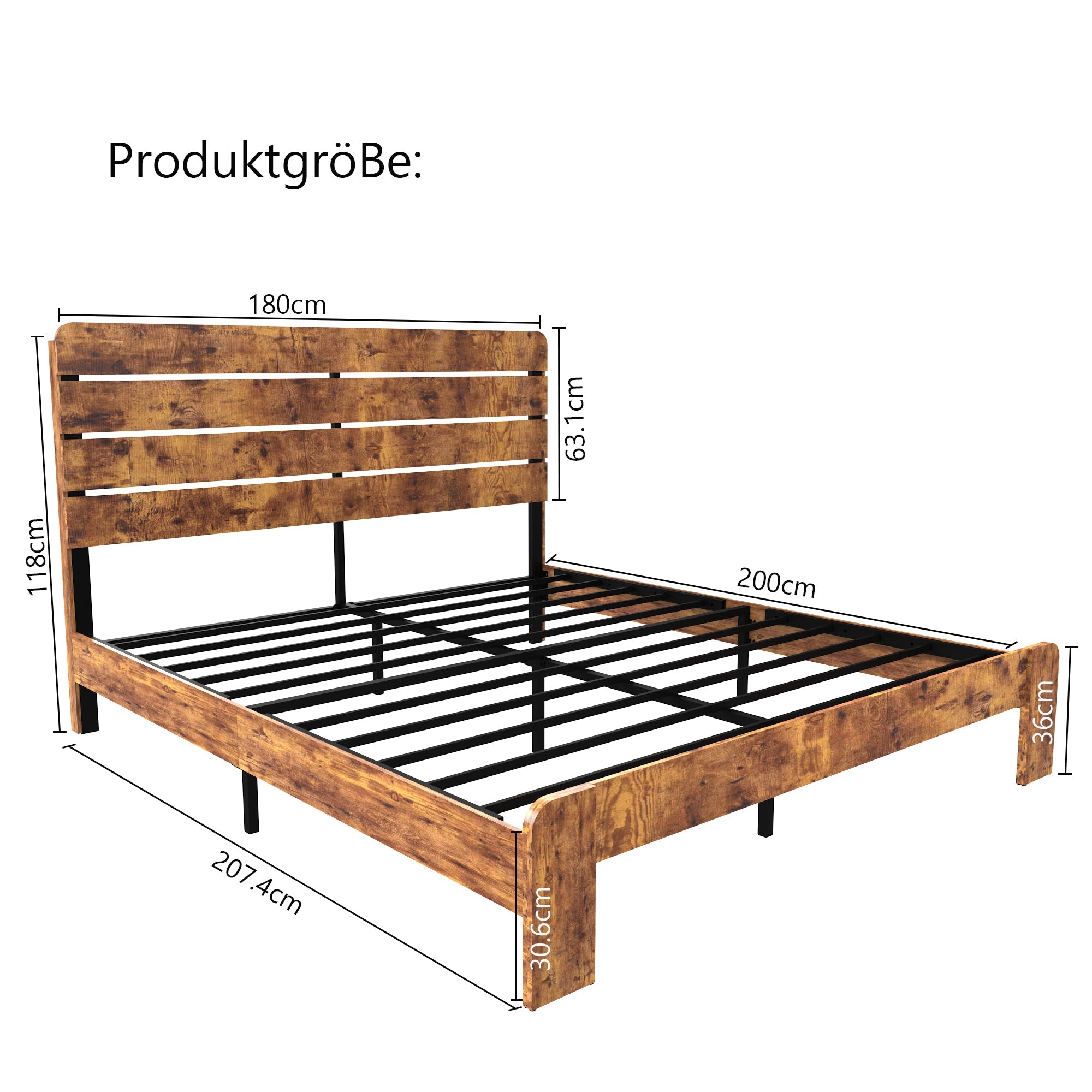 Wooden Double Bed, Antique 180x200cm High Headboard Slatted Frame, Wood/Iron