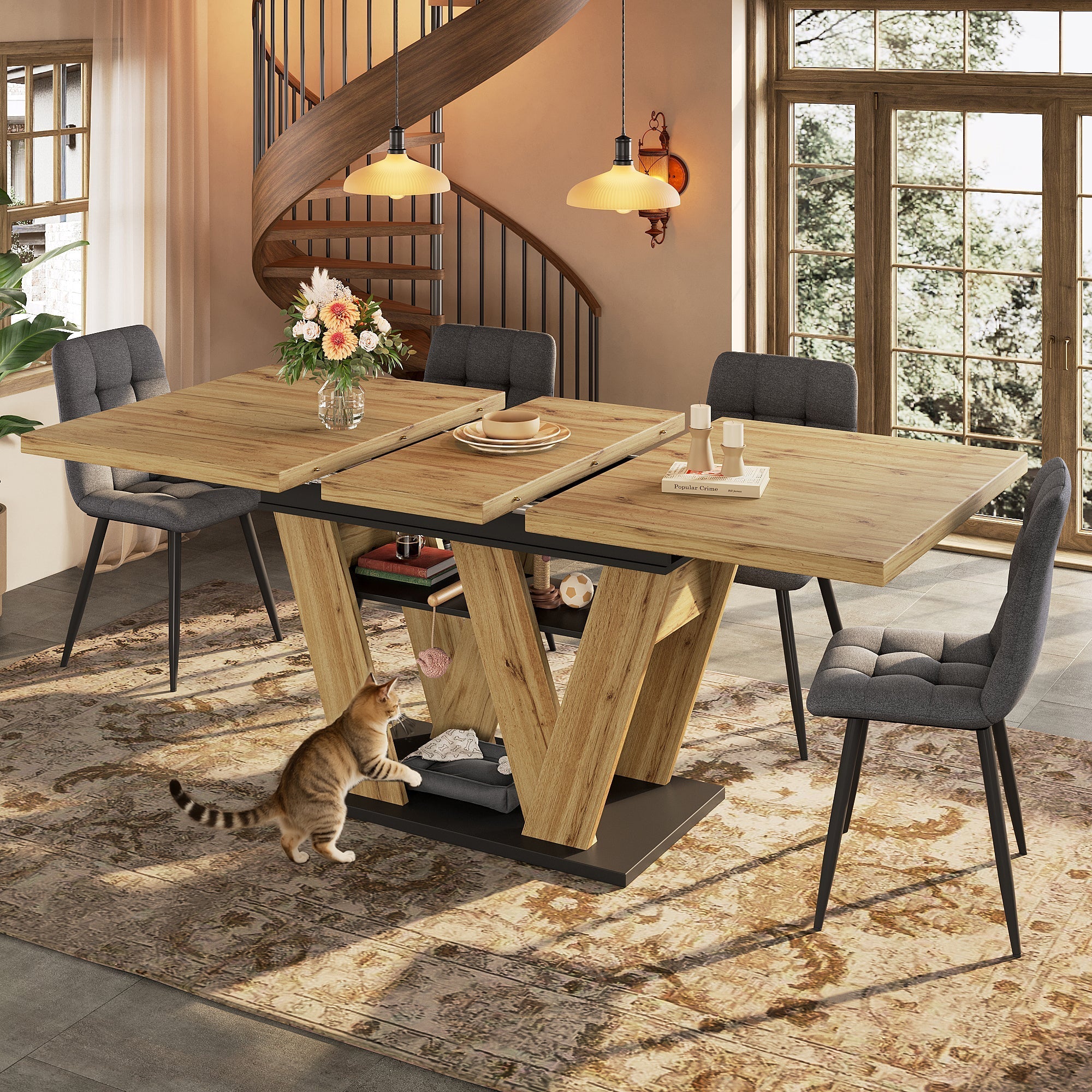 Telescopic Dining Table Extendable 119-158.5x80cm W-Legs - Natural Wood